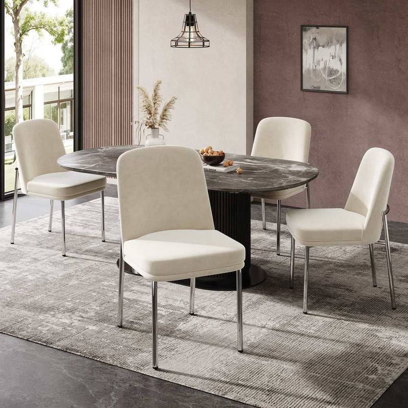 Zestaw 4 krzeseł do jadalni z grubymi poduszkami, srebrna metalowa rama, minimalistyczny design, beżowy aksamit