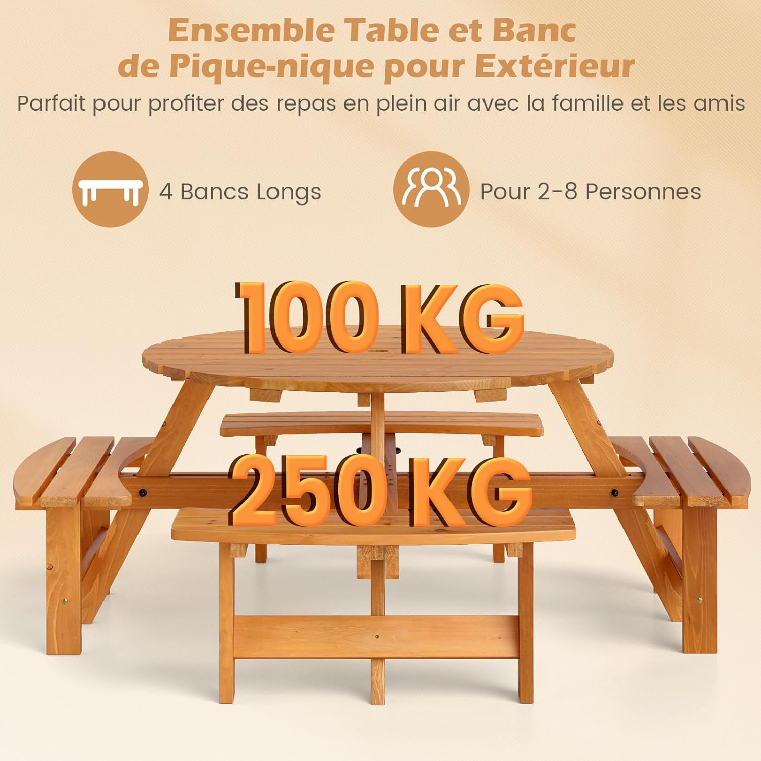 Table Pique-Nique Extérieur 8 Personnes, Table à Manger Jardin Ronde pour Patio avec 4 Bancs Intégrés, Trou Paraso 5 cm, Charge 100+250KG*4 (Jaune) - 3
