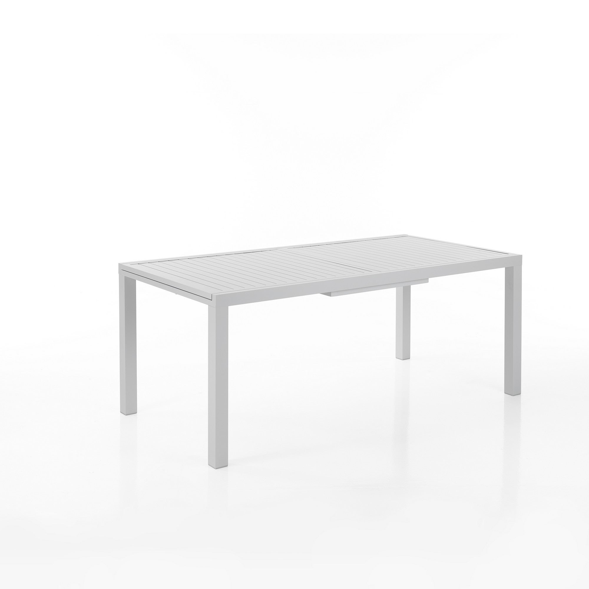 Stół rozkładany NYDRI WHITE – A – matowe białe aluminium, blat z listew aluminiowych, wys. 75 cm, szer. 180 cm, gł. 90 cm, do stosowania na zewnątrz