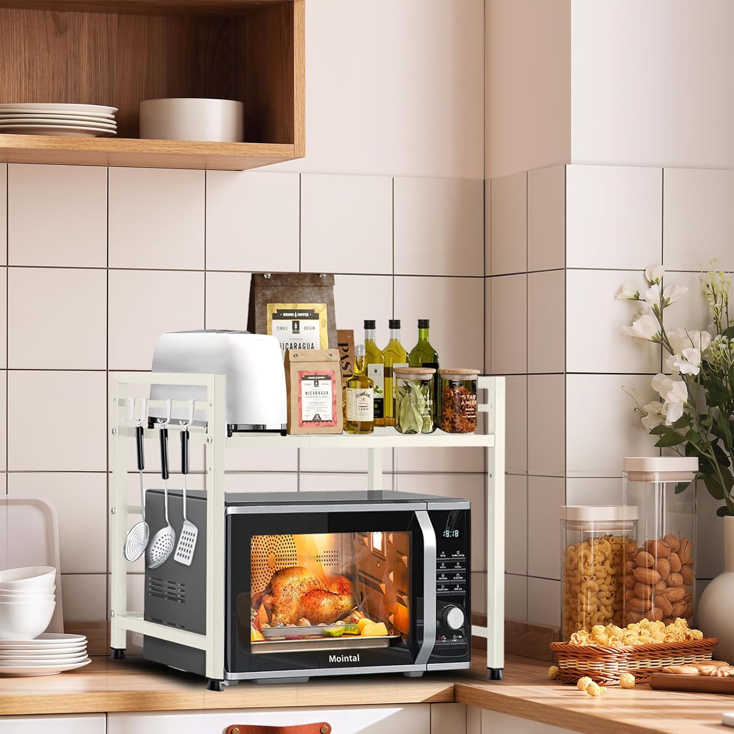 Étagère Micro-Ondes Extensible, Support pour Micro-Ondes à 2 Niveau, Longueur Réglable, Organisateur de Rangement Cuisine avec 6 Crochets, Blanc - 2