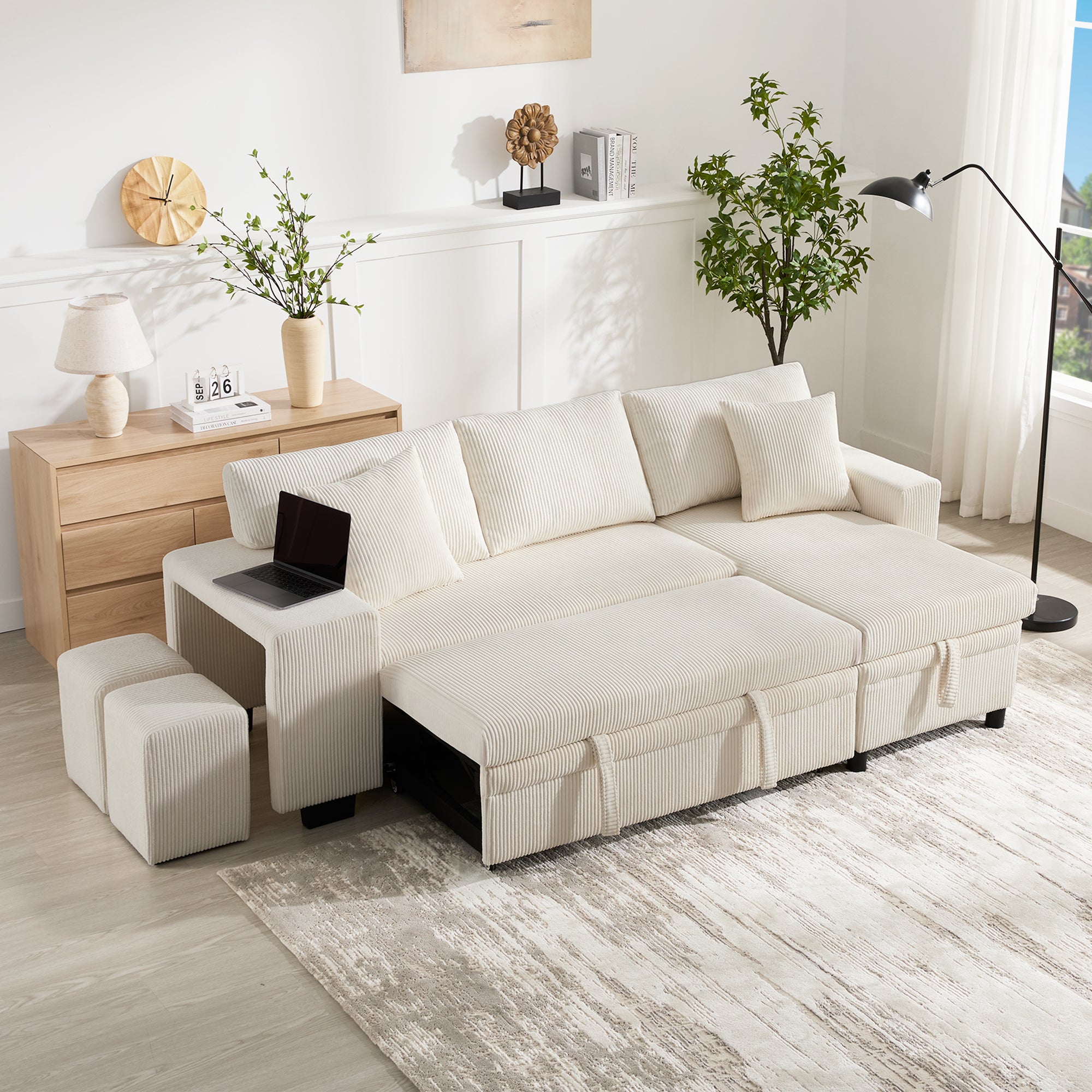 3-osobowa sofa w kształcie litery L – z portami ładowania USB – z poduszkami – rozkładana sofa narożna – beżowa