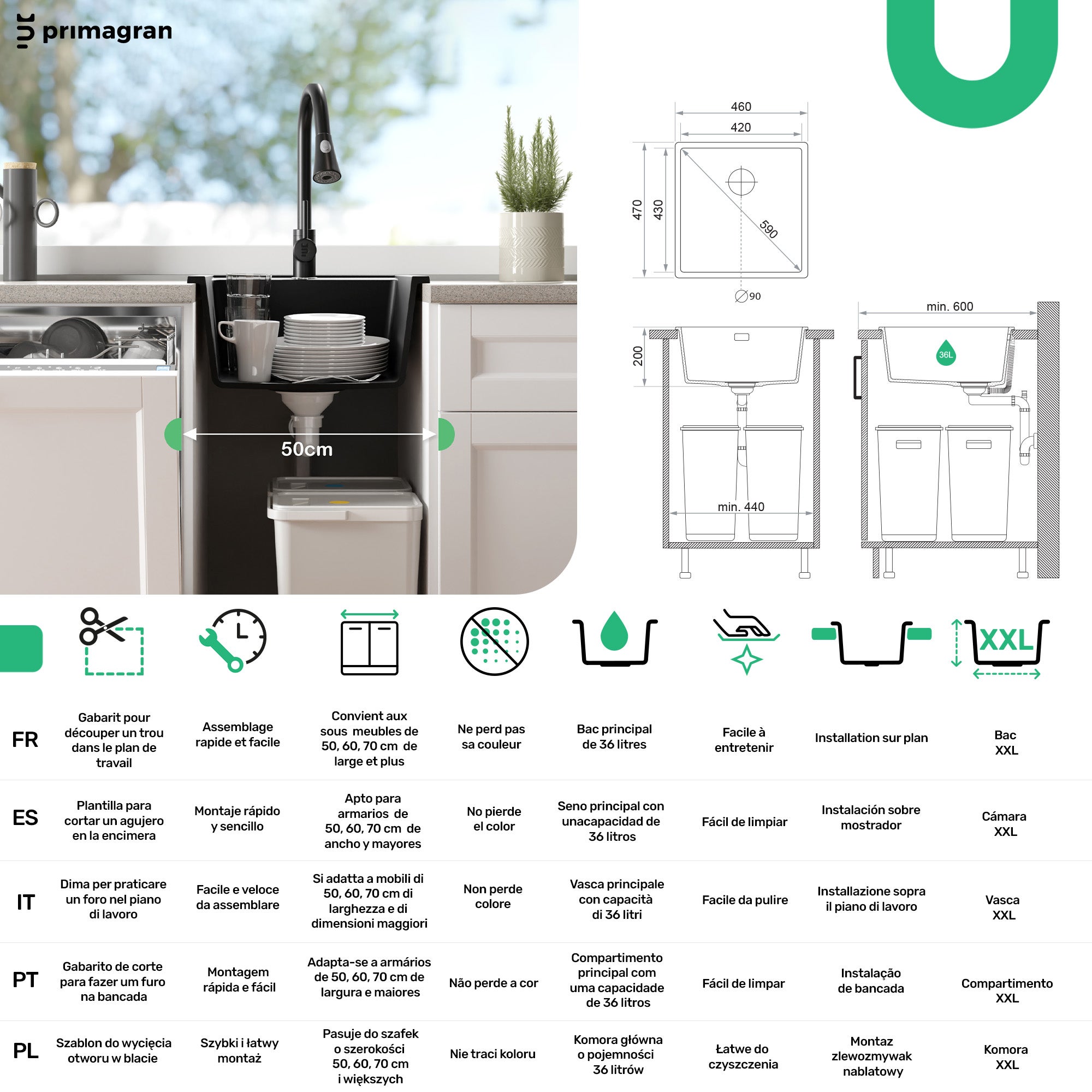 Evier Cuisine en Granit Gris 46x47cm, Lavabo 1 bac + Kit de Vidage, Évier à Encastrer au meuble 50cm - London Slim PRIMAGRAN - 6