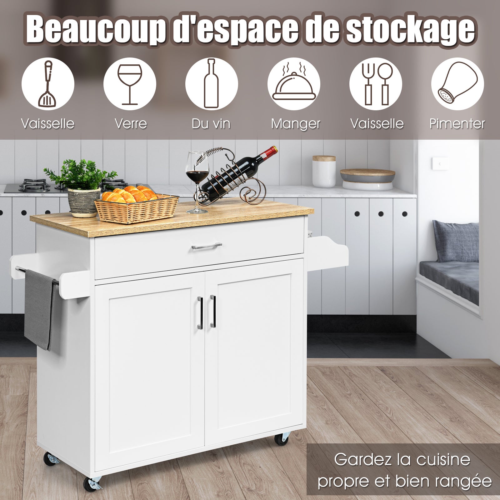 Wózek kuchenny z wieszakiem na ręczniki i półką na przyprawy, wyspa kuchenna z szufladą i półką z regulacją wysokości, szafka kuchenna na kółkach - 9