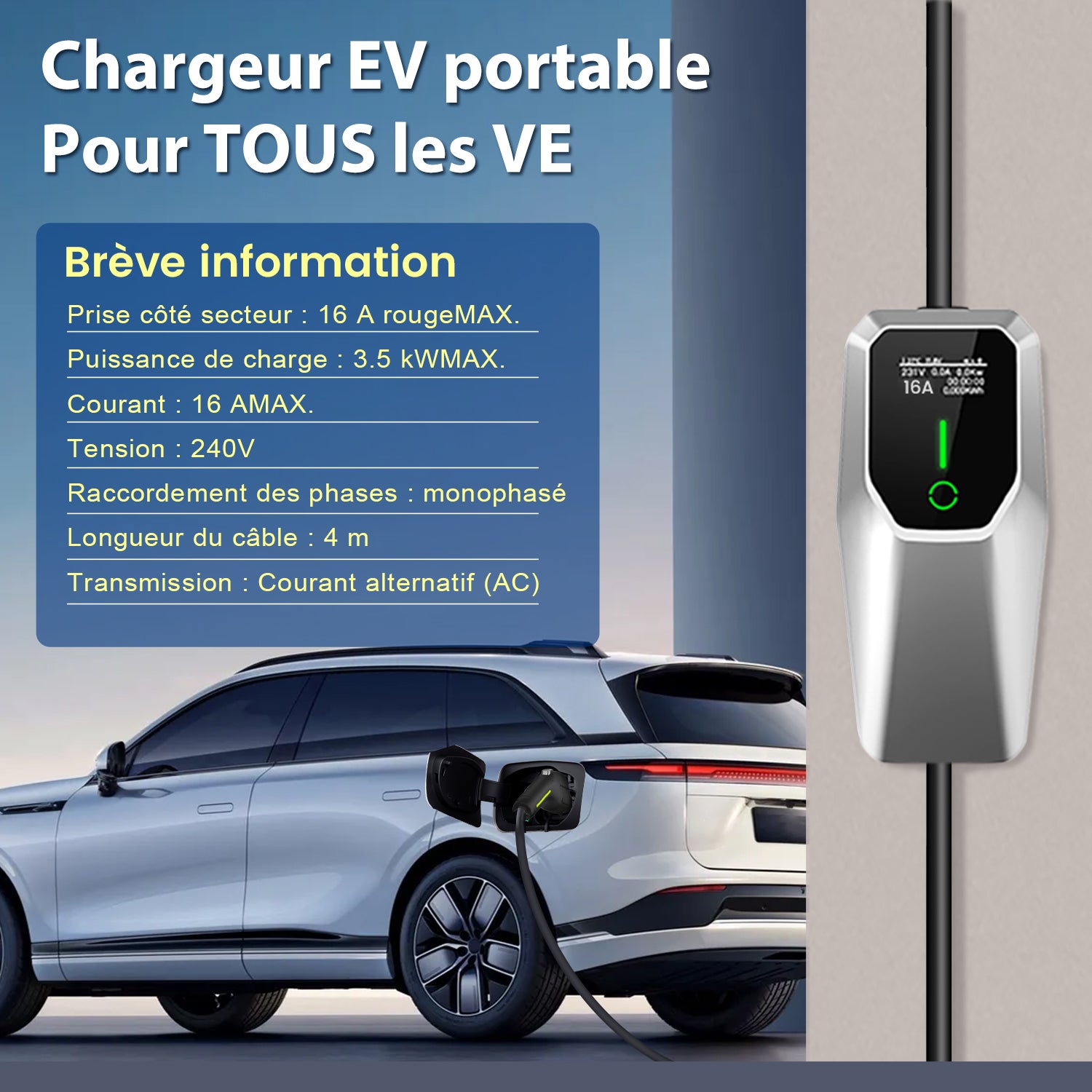 Cabo de Carregamento para EV 3.5kW - Tipo 2 - 4m - 6-16A - Compatível com e-208, Model Y, Megane E-Tech, 500e - 2