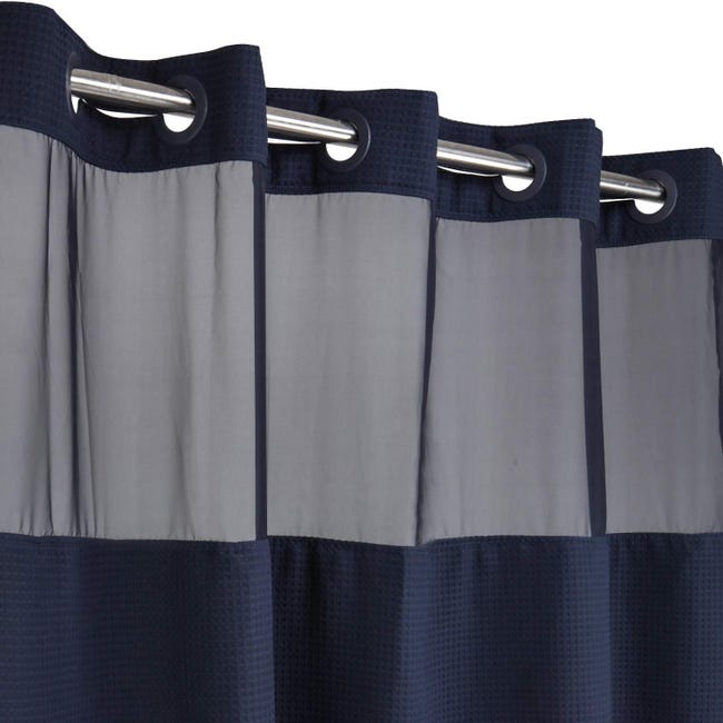 Tenda Da Doccia In Lino Con Fodera Impermeabile - Blu Navy 180x200 Cm - Senza Ganci Con Finestra Trasparente