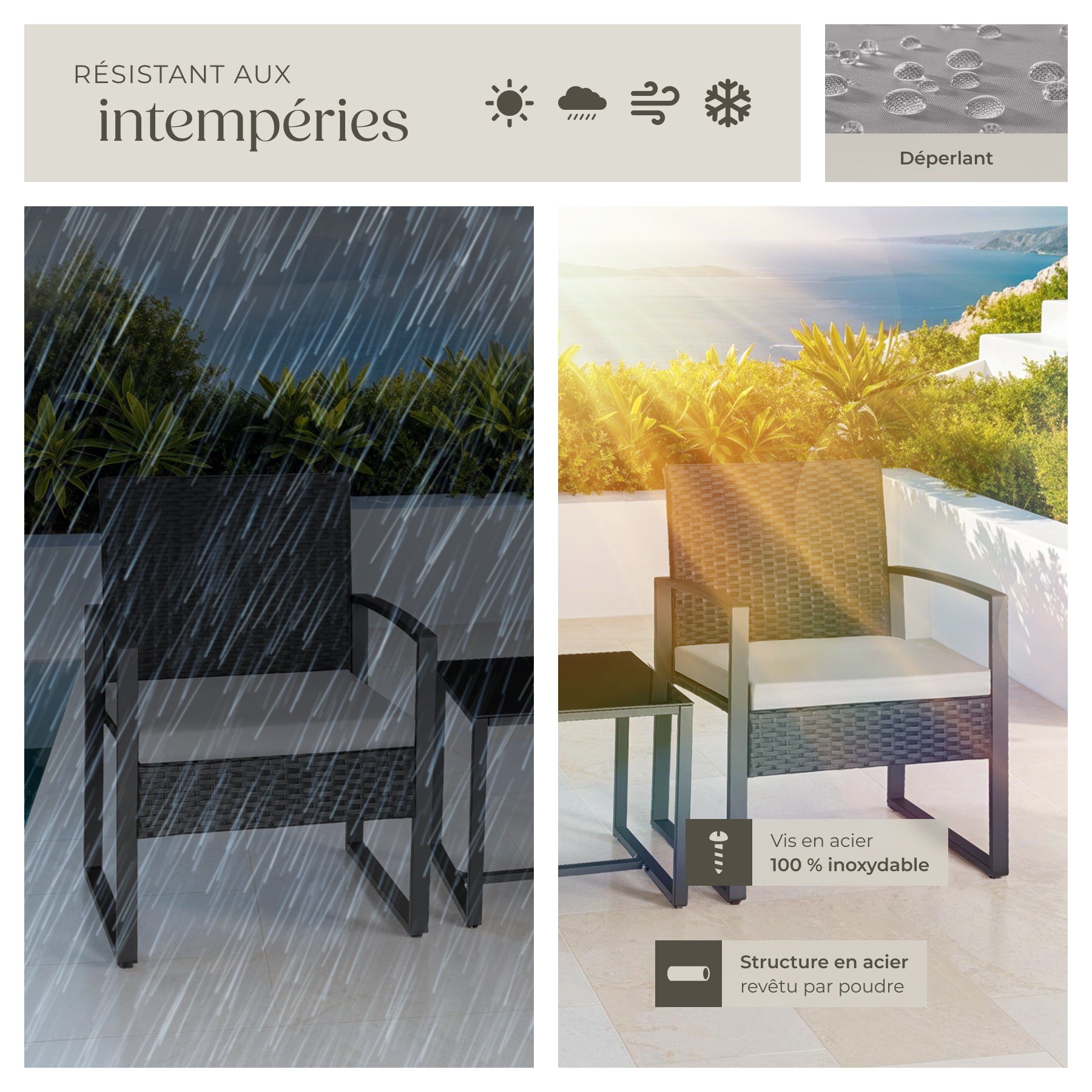 Lot de 2 chaises et table en poly rotin, structure acier époxy résistante, 58 x 55,5 x 78 cm gris clair/noir TECTAKE - 7