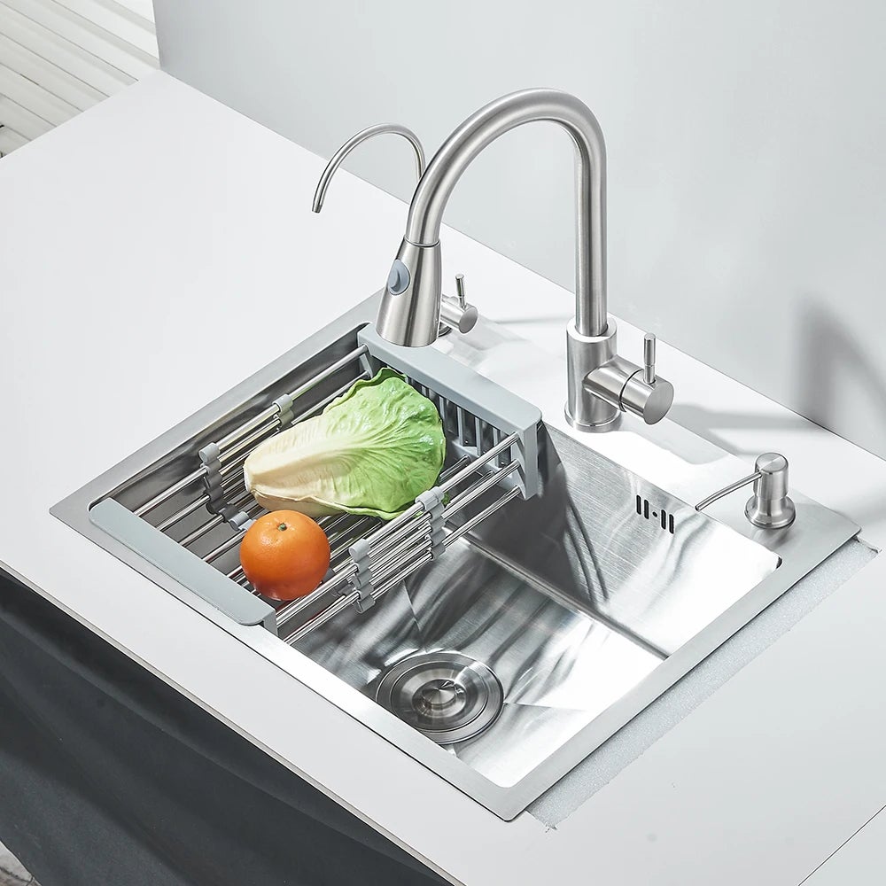 Fregadero de cocina de acero inoxidable con grifo extraíble, kit de fregadero de 55 cm x 45 cm con grifo integrado, cubeta y cesta de desagüe.