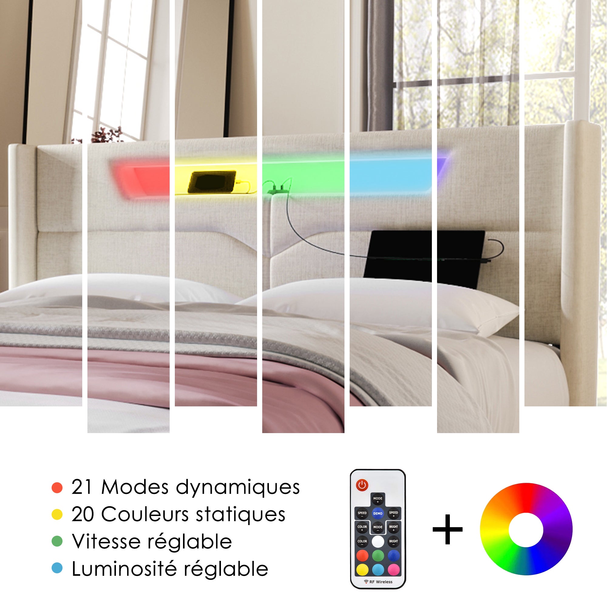 Cama arcón doble, lino, carga USB tipo C e iluminación LED, (140 x 200 cm, beige, sin colchón) - 8