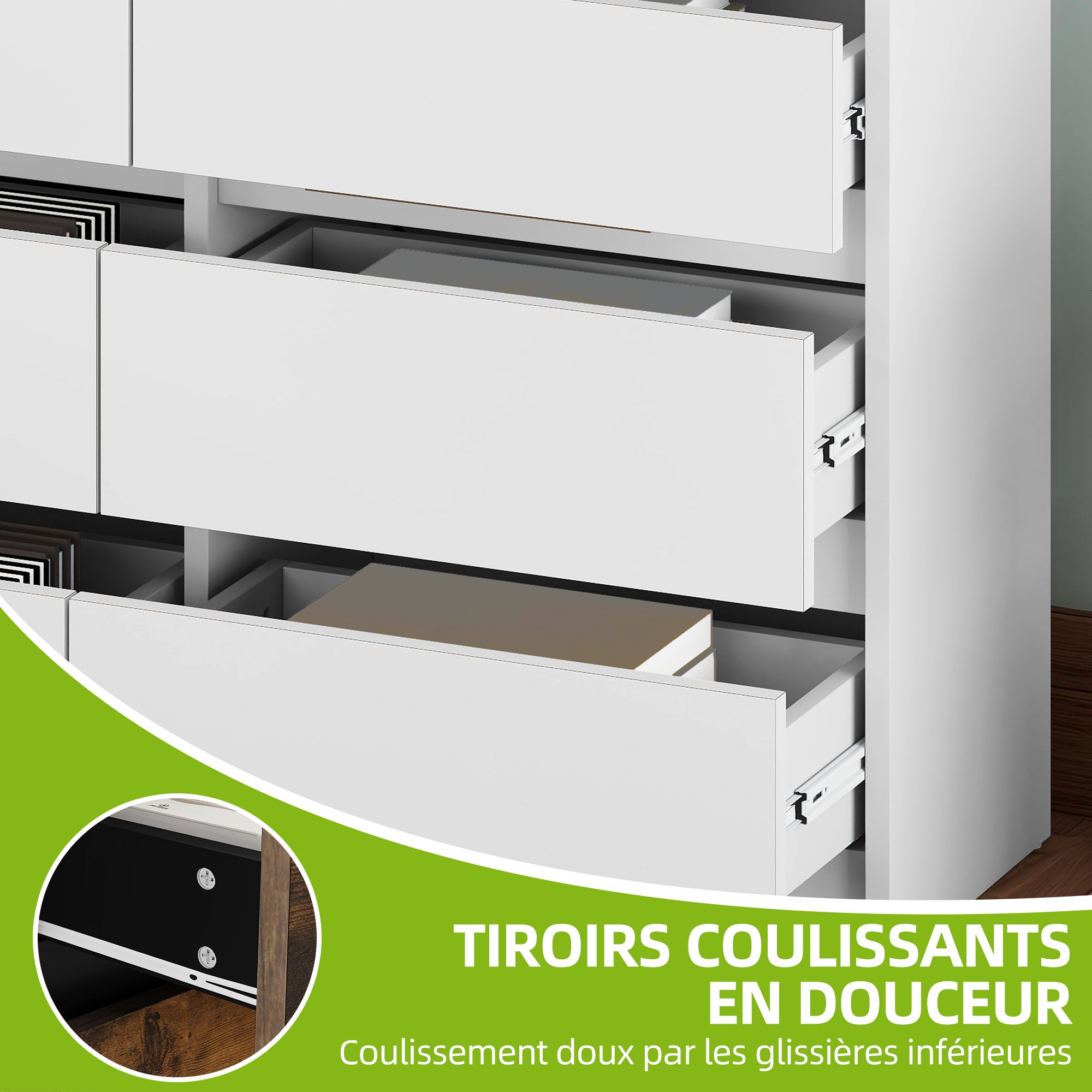 YITAHOME Commode en Bois à 6 Tiroirs avec Glissières - Table de Chevet - 100 x 30 x 70 cm , Blanc - 7