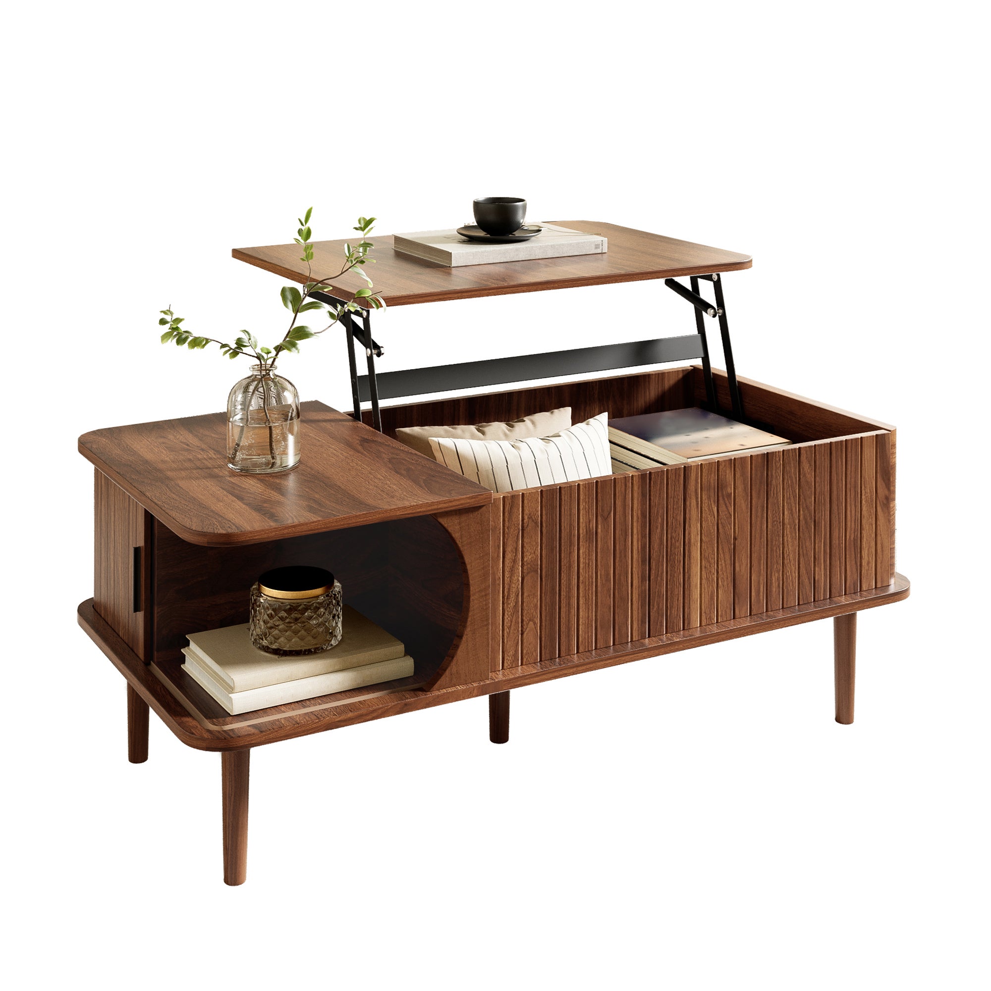 Tavolino Da Caffè Moderno In Noce Con Anta Scorrevole E Ripiano Aperto - 100 Cm, Design Scanalato - 4