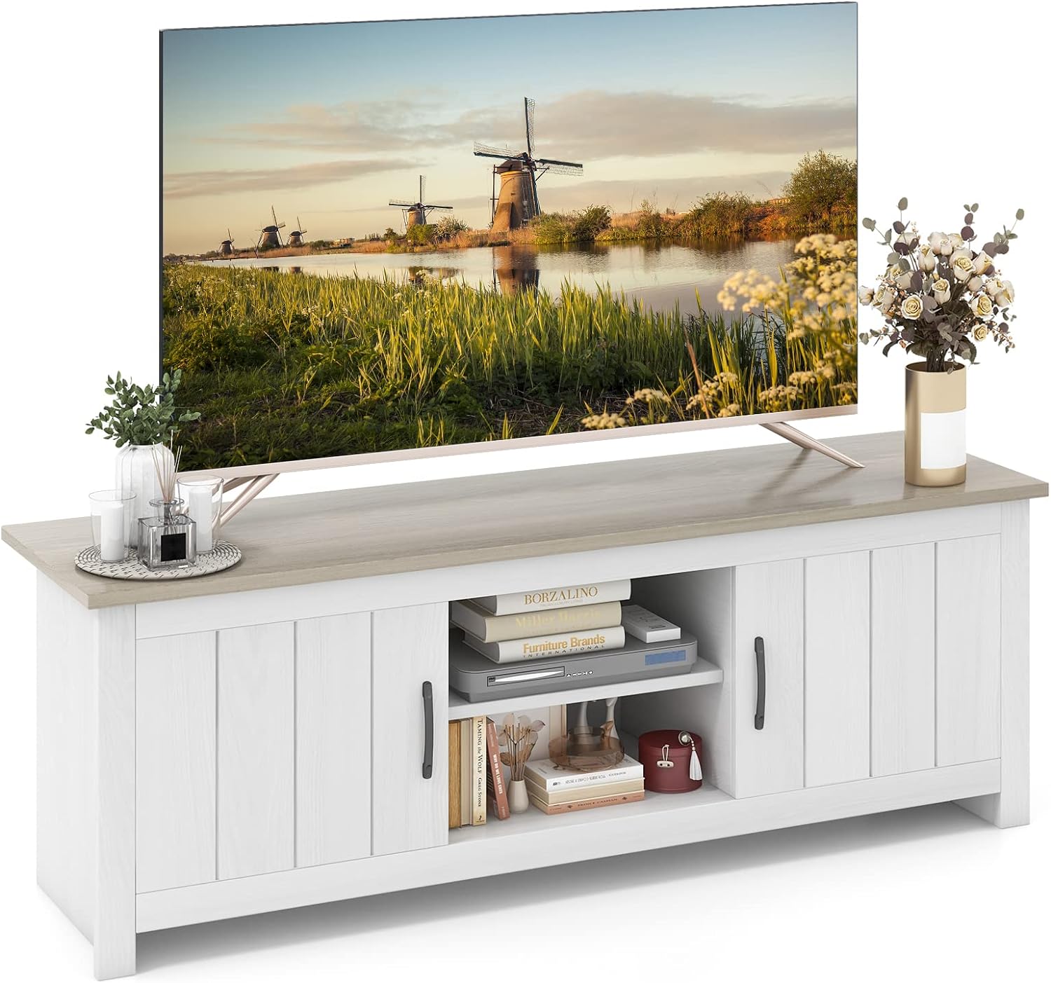 Meuble TV 140 Cm Hzuaneri - 2 Armoires + 2 étagères Réglables, Marron Rustique, Pour Télés Jusqu'à 60 Pouces