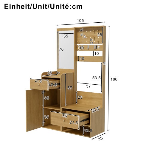 Armoire compacte, étagère d'entrée multifonctionnelle et moderne – élégant meuble de rangement couleur bois avec miroir, crochets, 105 cm - 3