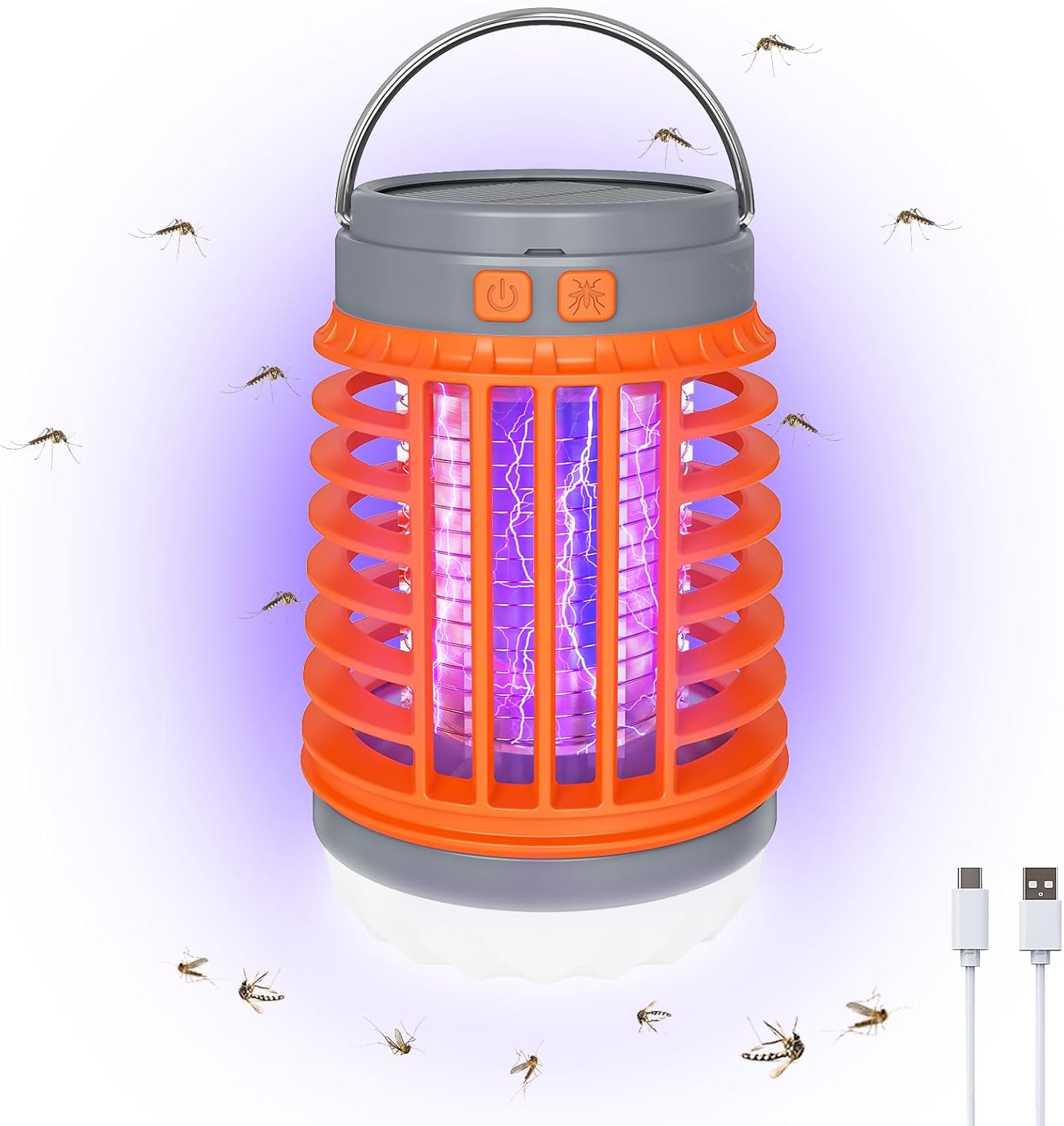 Elektryczny zabijacz owadów 3 w 1 – z funkcją światła i latarki – ładowany przez USB i energię słoneczną – pomarańczowy