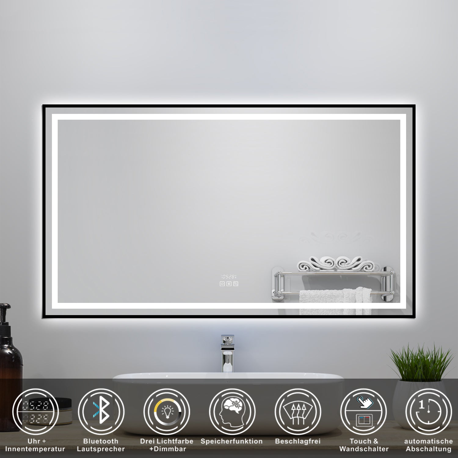 Miroir lumineux de salle de bain avec Bluetooth 120x80cm, Horloge + 3 Couleurs + Dimmable + Anti-Buée, Noir Cadre Non-Métallique - 2