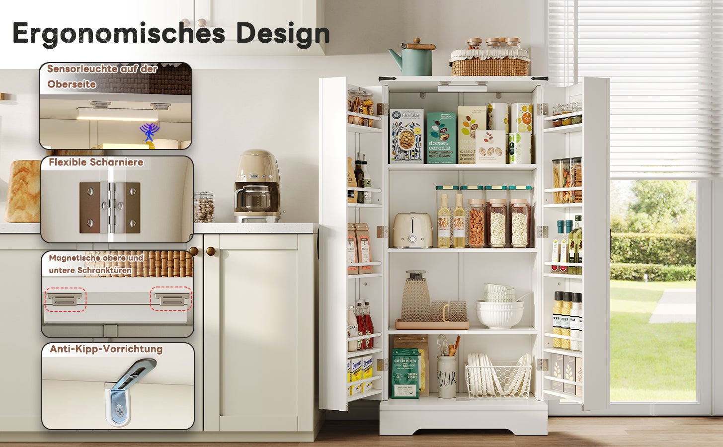 Meuble de cuisine blanc de style campagnard, 128,5 cm, avec éclairage LED. 2 portes à charnières et étagères réglables. - 8