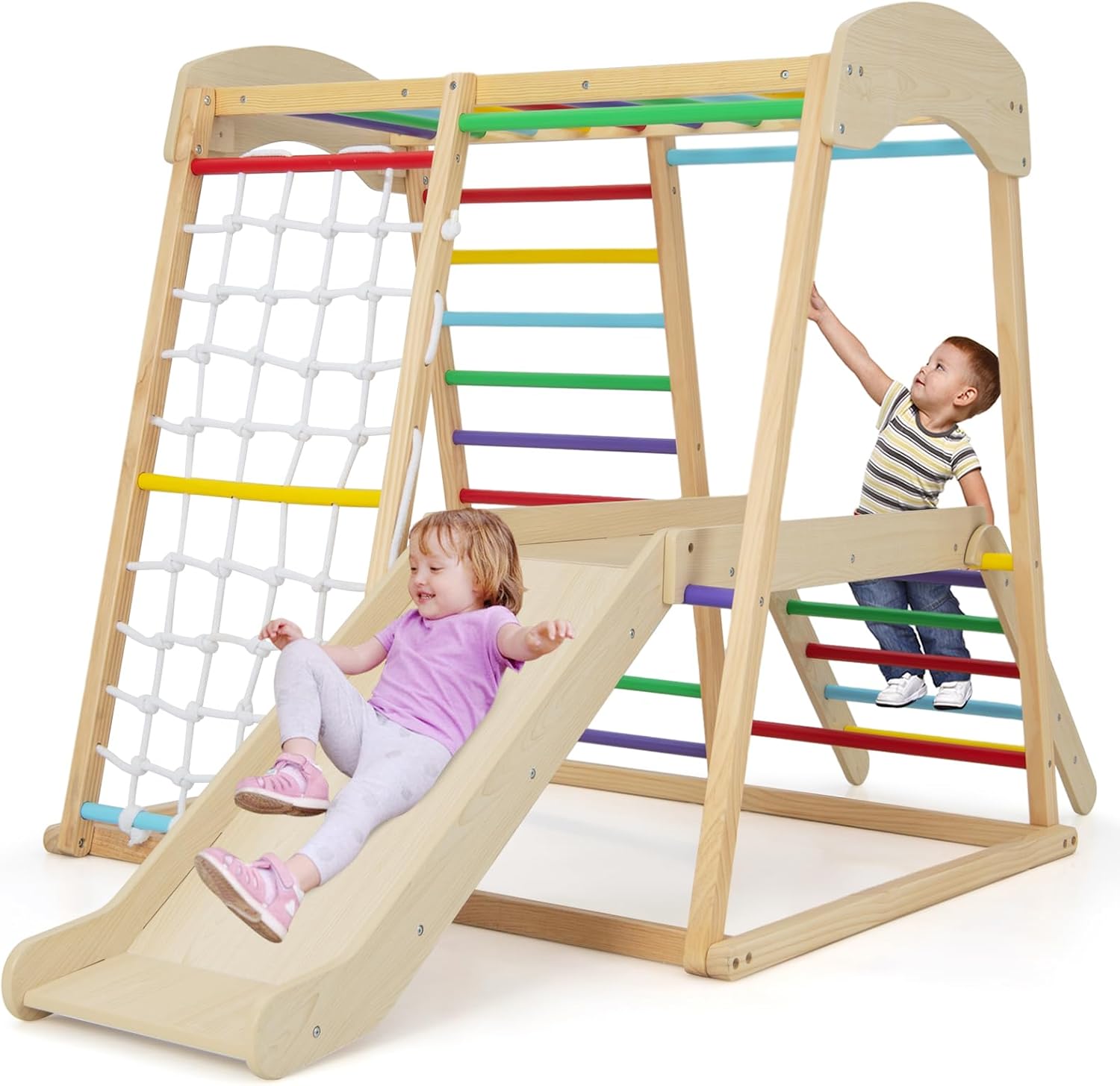 6w1 Drewniany Zestaw Wspinaczkowy do Wnętrz: Huśtawka, Zjeżdżalnia, Lina, Drabinki (Montessori, z Kotwicami), dla Dzieci >1 Roku Życia.