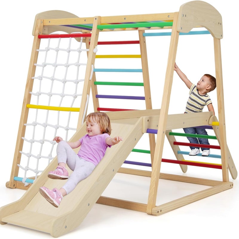 6w1 Drewniany Zestaw Wspinaczkowy do Wnętrz: Huśtawka, Zjeżdżalnia, Lina, Drabinki (Montessori, z Kotwicami), dla Dzieci >1 Roku Życia.