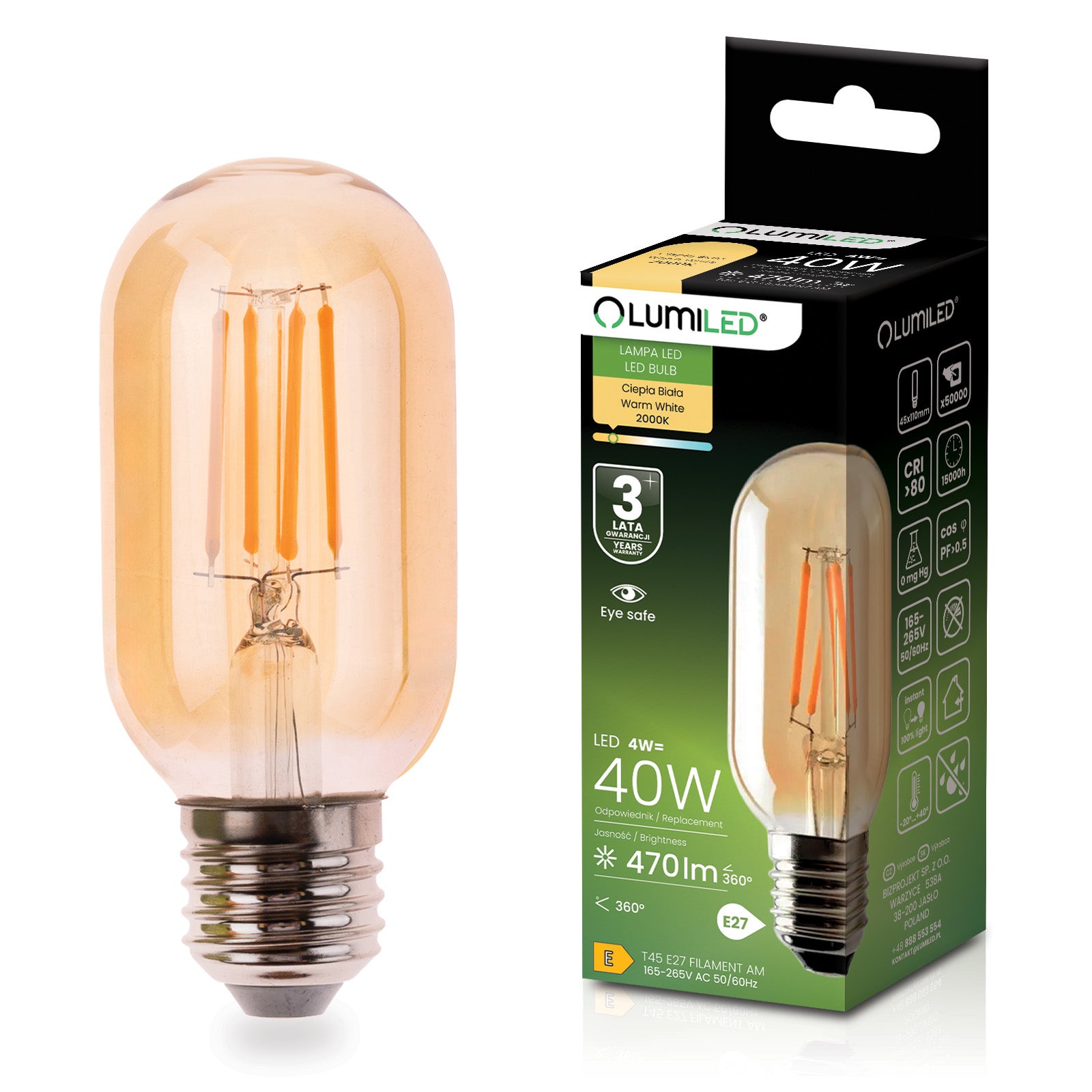 Żarówka LED Lumiled E27 T45 4W 470LM 2000K Ciepła biel 360st Filament Amber 1 szt.