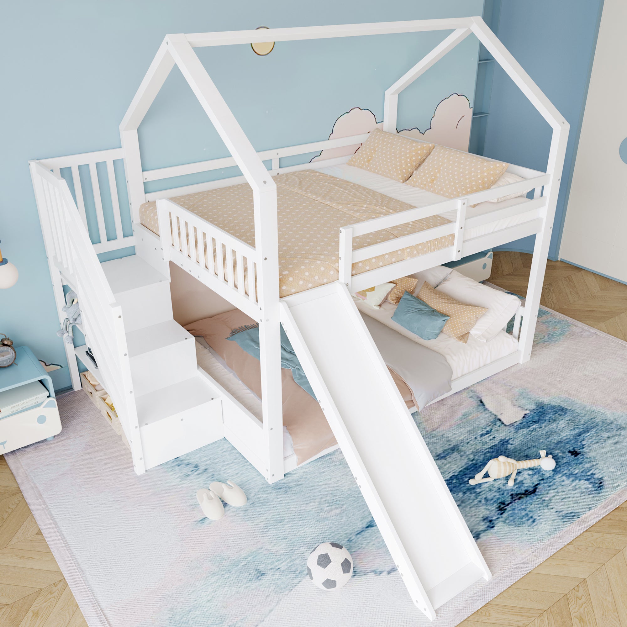 Lit superposé 140x200cm avec escalier de rangement et toboggan, lit d'enfant avec barrières, blanc - 2