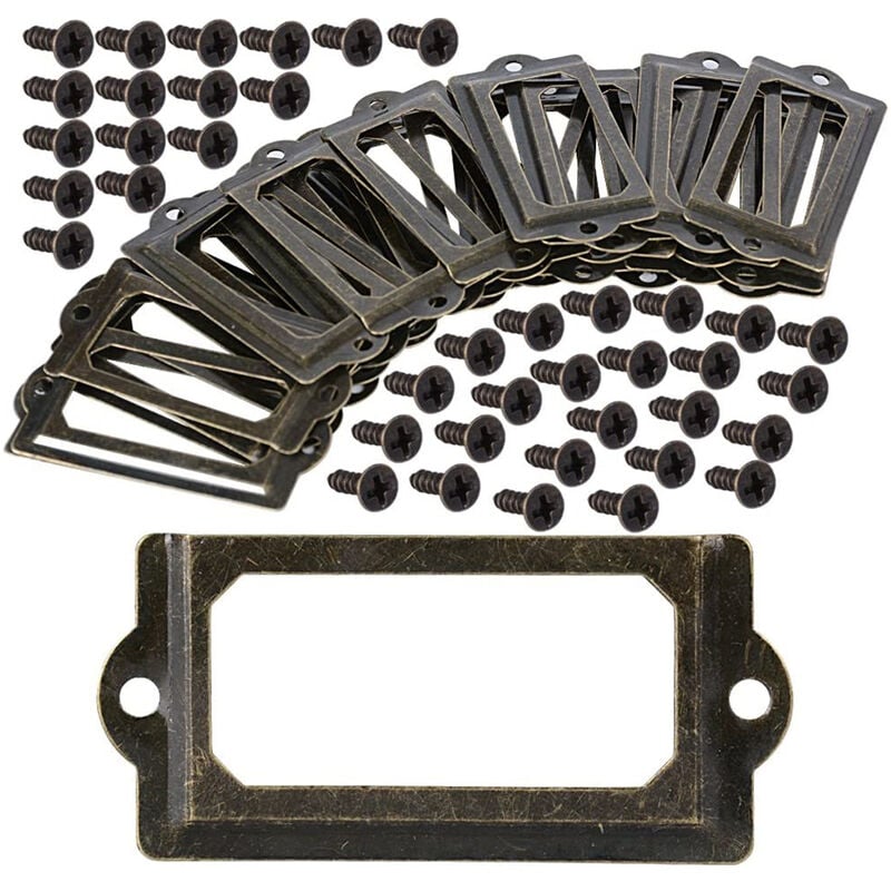 Zestaw 30 metalowych uchwytów na etykiety ze śrubami, 70 x 33 mm, etykieta do szuflady szafki, uchwyt na etykiety w kolorze brązu vintage ze śrubami