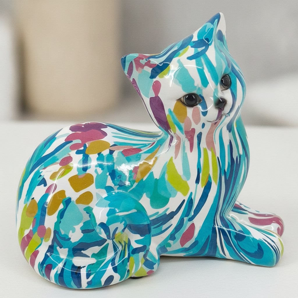 Figura de gato tumbado de resina pop art multicolor con pinceladas y ...