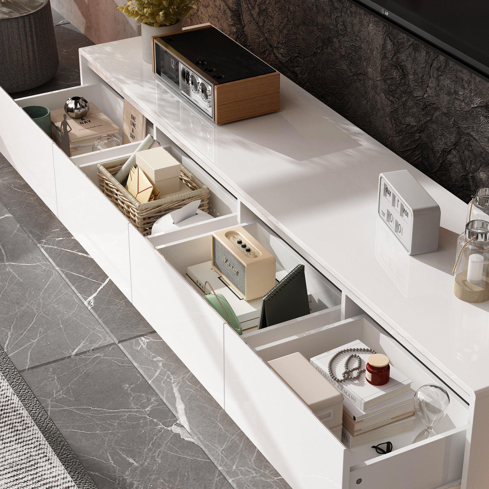 Meuble TV avec Lumière LED tricolore, Support TV-Meuble bas avec 4 Tiroirs, Salon, 180x40x30cm, Blanc - 4