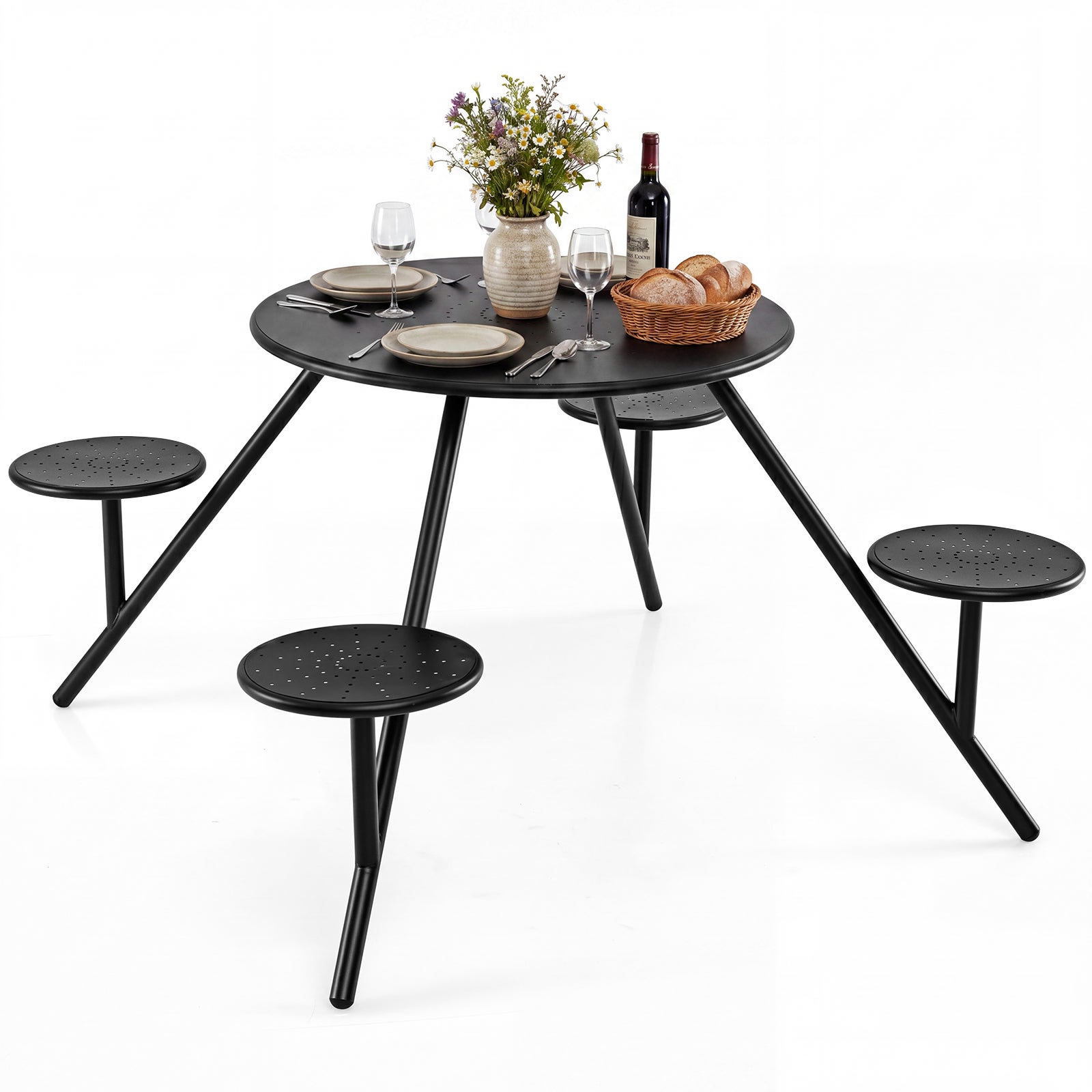 Masă rotundă de picnic cu 4 locuri, set de mobilier de grădină cu 4 scaune încorporate, cadru metal galvanizat, orificiu pentru umbrelă soare