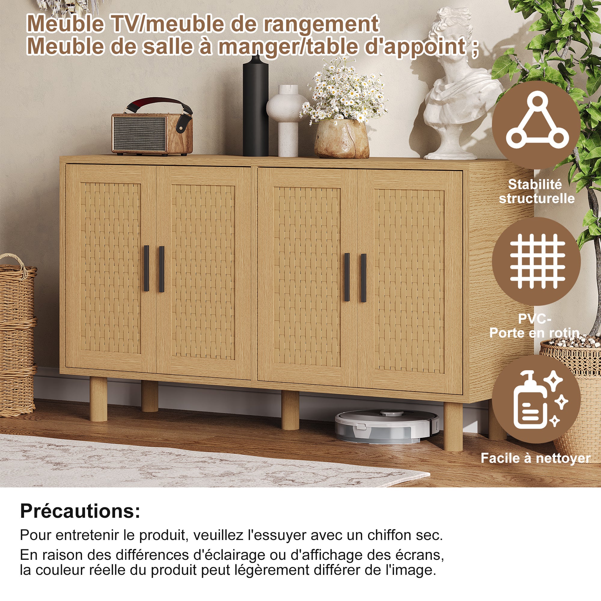 Buffet, meuble de rangement en bois chêne, avec 4 portes , meuble de rangement pour le salon, portes à motif tressé - 6
