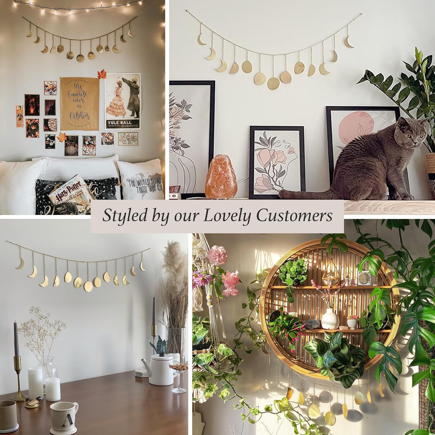 Décoration murale phase de lune, art mural doré pour chambre, style bohème, guirlande murale en métal de 91 cm (13 phases de la lune),or - 4