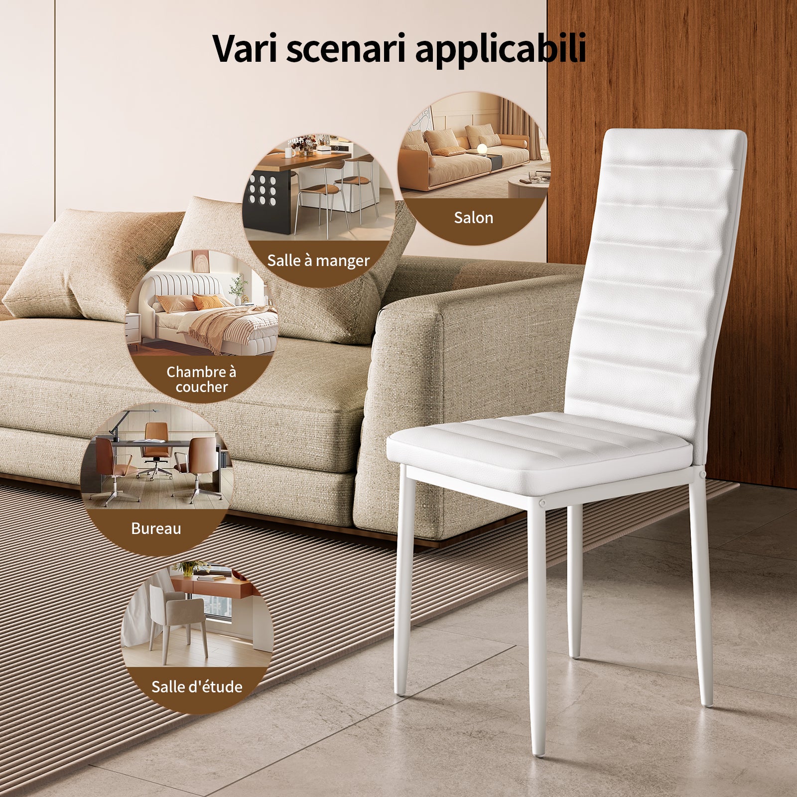 Set di 6 Sedie da Pranzo Moderne con Rivestimento in Pelle PU, Struttura Metallo e Piedini con Gomma Antiscivolo - Bianco per Interni Bealife - 6