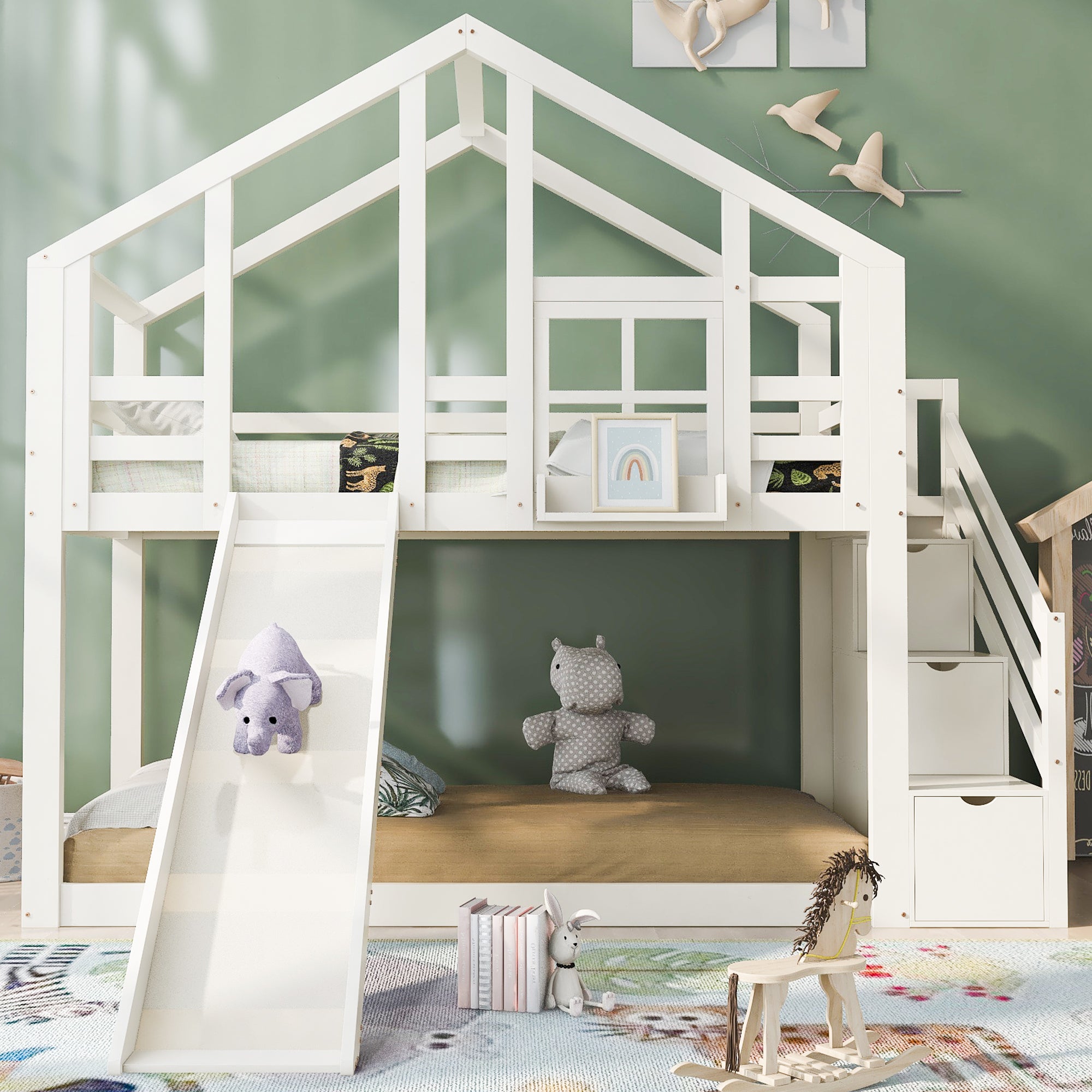 Letto a Castello Bambino 90x200 cm - Con Letto Estraibile & 3 Cassetti - Scala Laterale - Rete Inclusa - in Legno Bianco (Senza Materasso) | Leroy Merlin