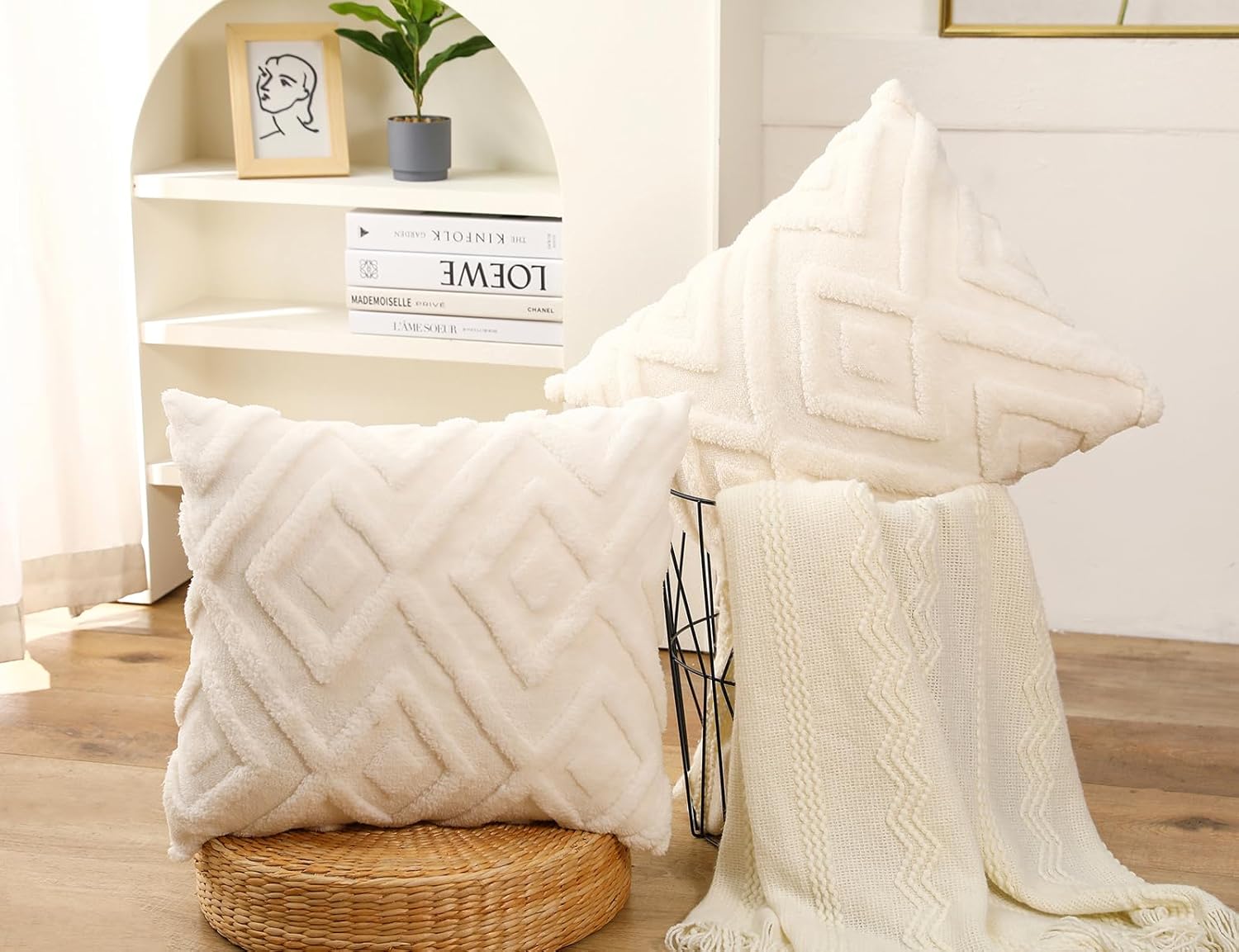 Housse de coussin beige - motif à carreaux doux, style bohème - convient pour le salon, la chambre, etc. - Lot de 2, 50×50 cm - 2