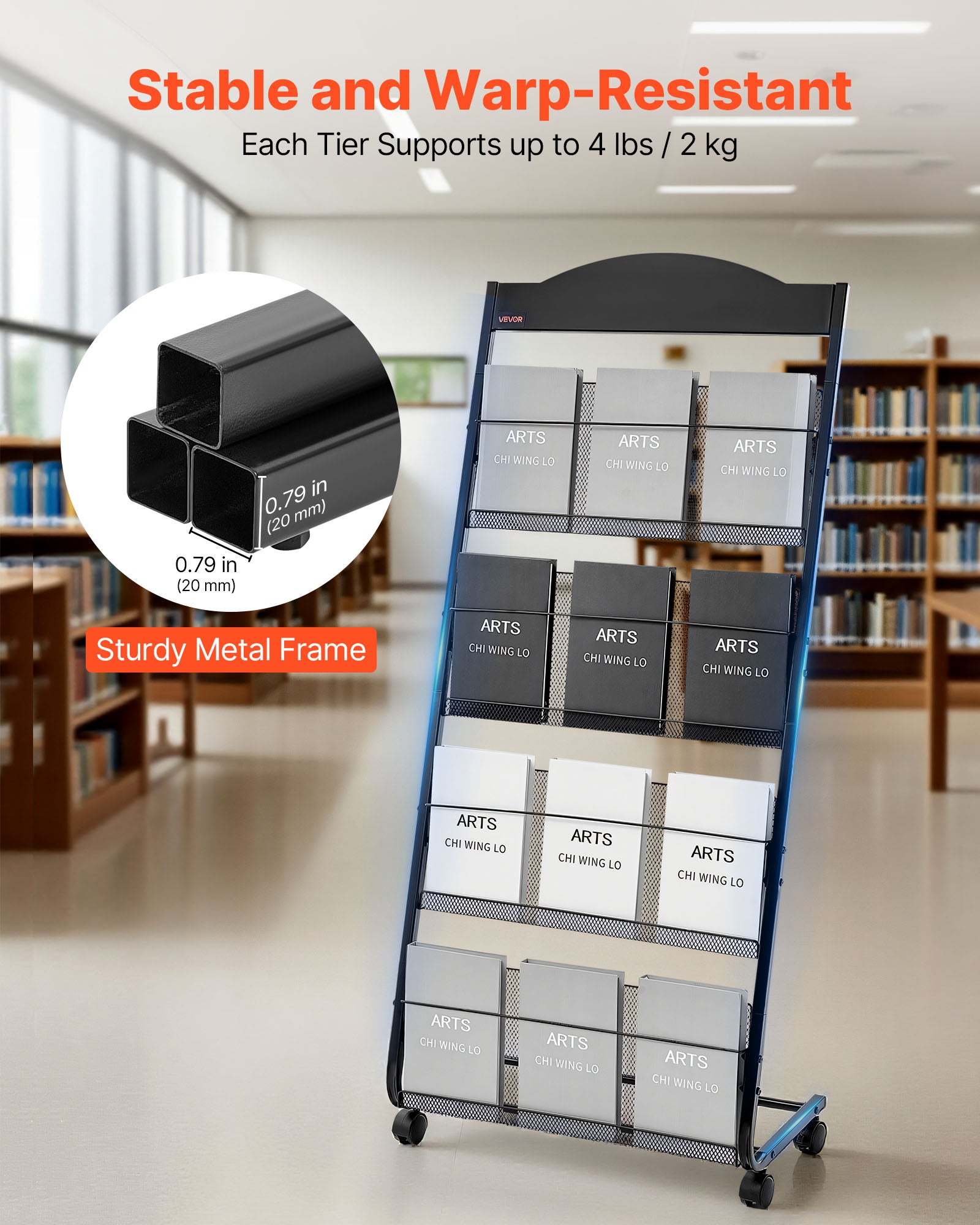 Présentoir à brochures VEVOR 4 niveaux, porte-brochures sur pied avec roulettes, porte-revue robuste pour journaux, pour expositions, bureaux, hôtels - 3