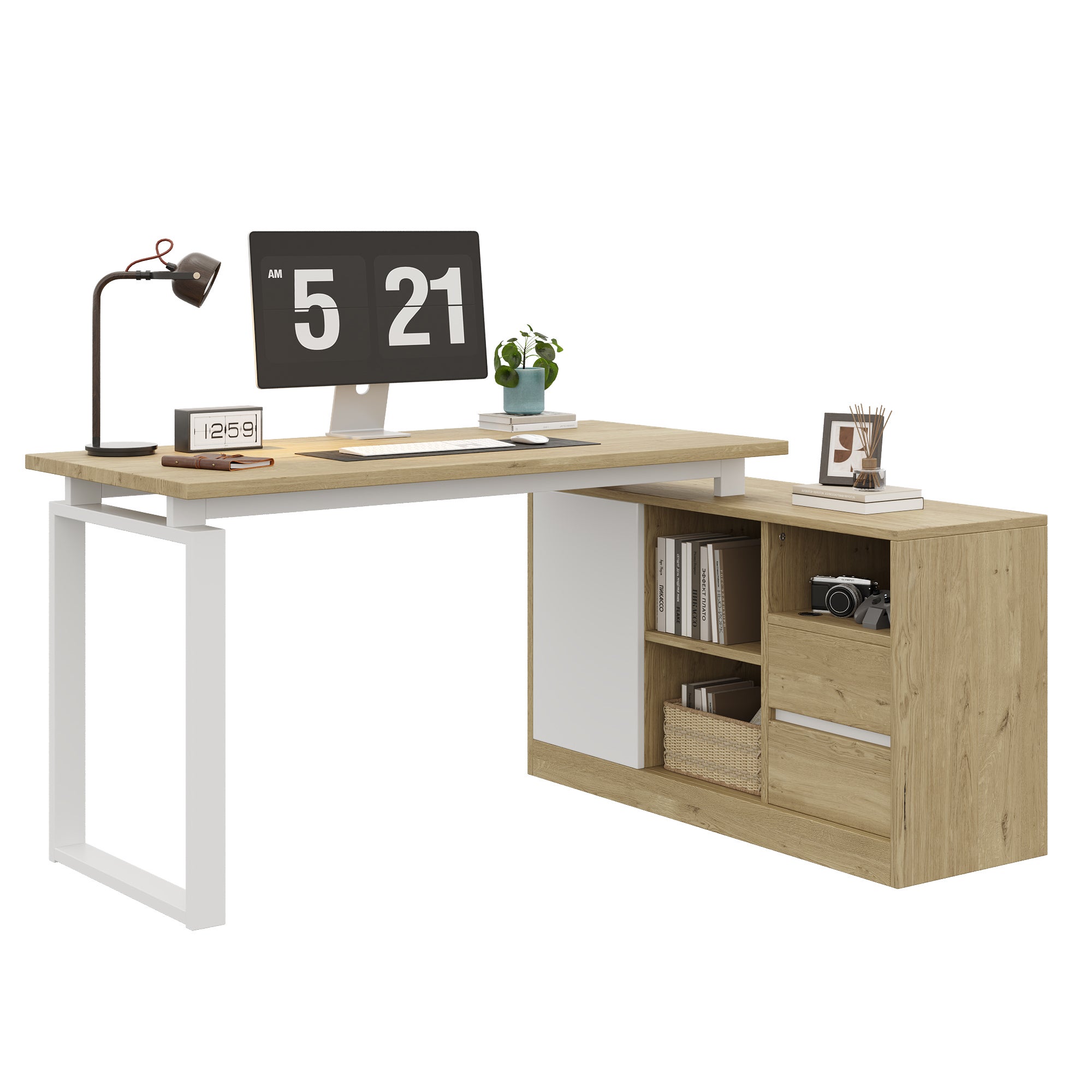 Bureau d'angle avec 2 tiroirs, 3 étagères ouvertes et 1 porte - 152 x 113,5 x 76 cm - MDF et métal - Étagères réglables - Bois naturel et Blanc - 6