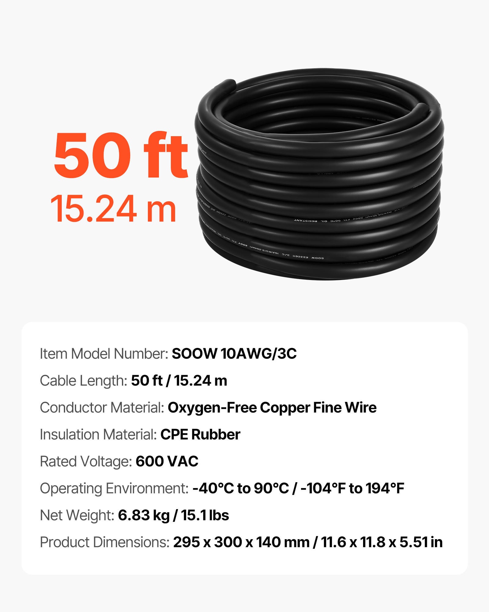 Câble d'Alimentation VEVOR 10 AWG 3 Conducteurs SOOW,600V,Longueur 15,24 m,Gaine Caoutchouc,Conducteur Cuivre Fil Fin,Cordon Électrique Urgence - 7