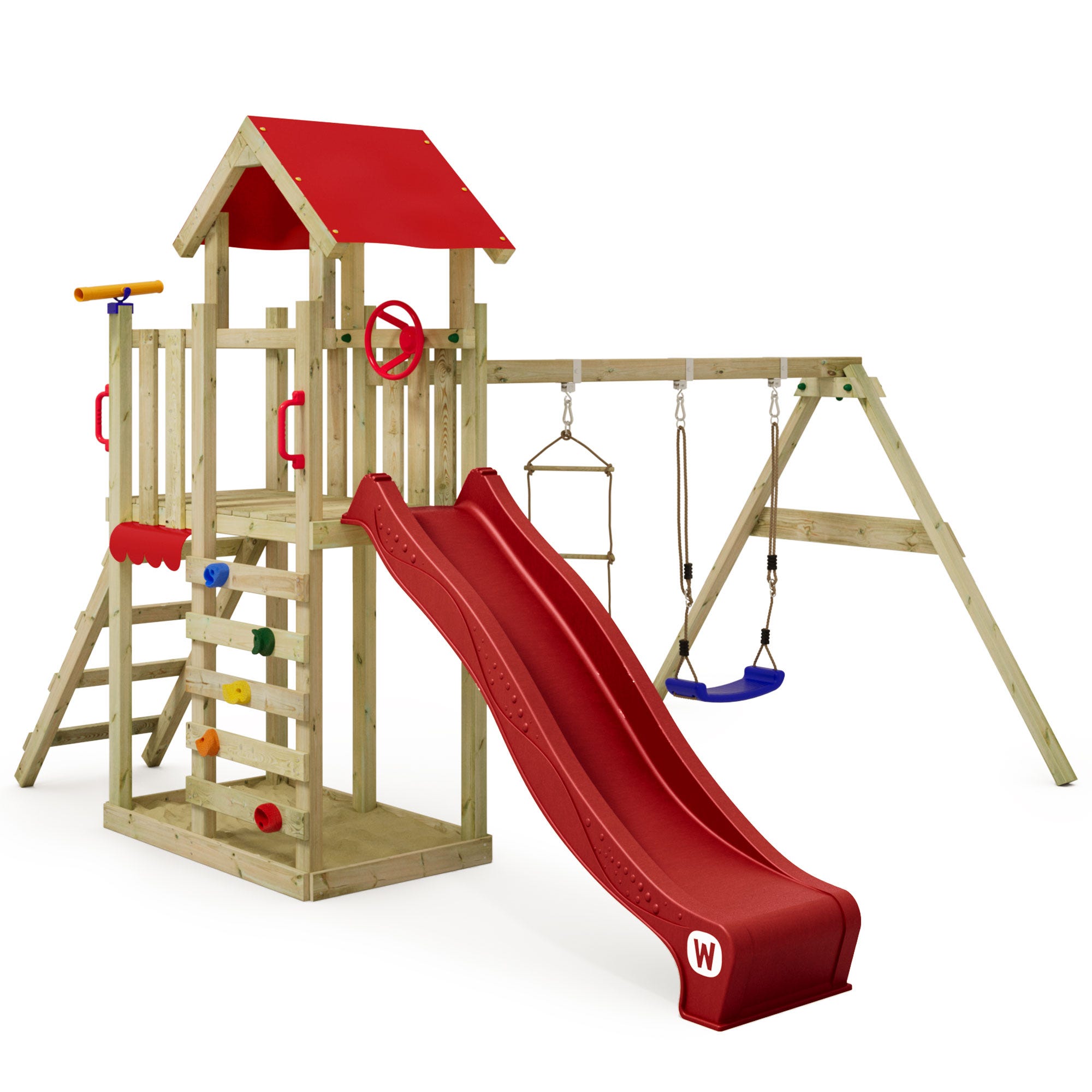 WICKEY Aire de jeux MultiFlyer HD avec toit en bois, balançoire double WICKEY Aire de jeux MultiFlyer HD avec toit en bois, balançoire double