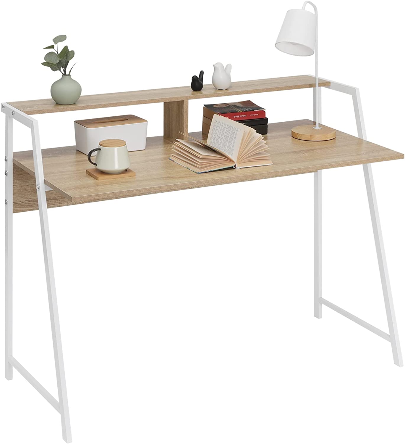 sogesfurniture Bureau Informatique en Bois et Acier, Meuble de Bureau pour Ordinateur Poste de Travail Table d'étude Table Salle à Manger pour Maison Bureau, 100x60x75cm,Teck & Blanc AC3TW-100-SF