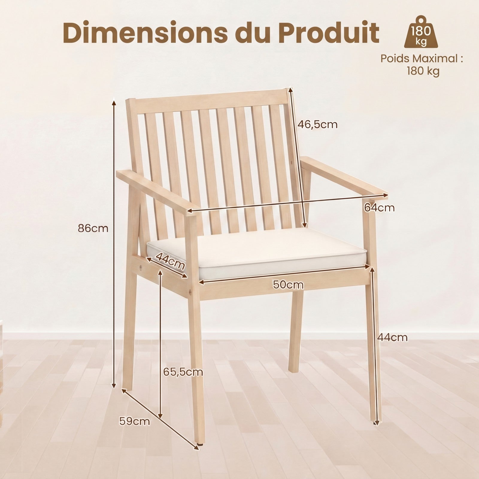 2 Chaises de Jardin, Chaises d'Extérieur en Bois d'Acacia avec Coussin Rembourré Amovible, Accoudoirs, Charge 180 kg, Mobilier de Bistrot, Beige - 5