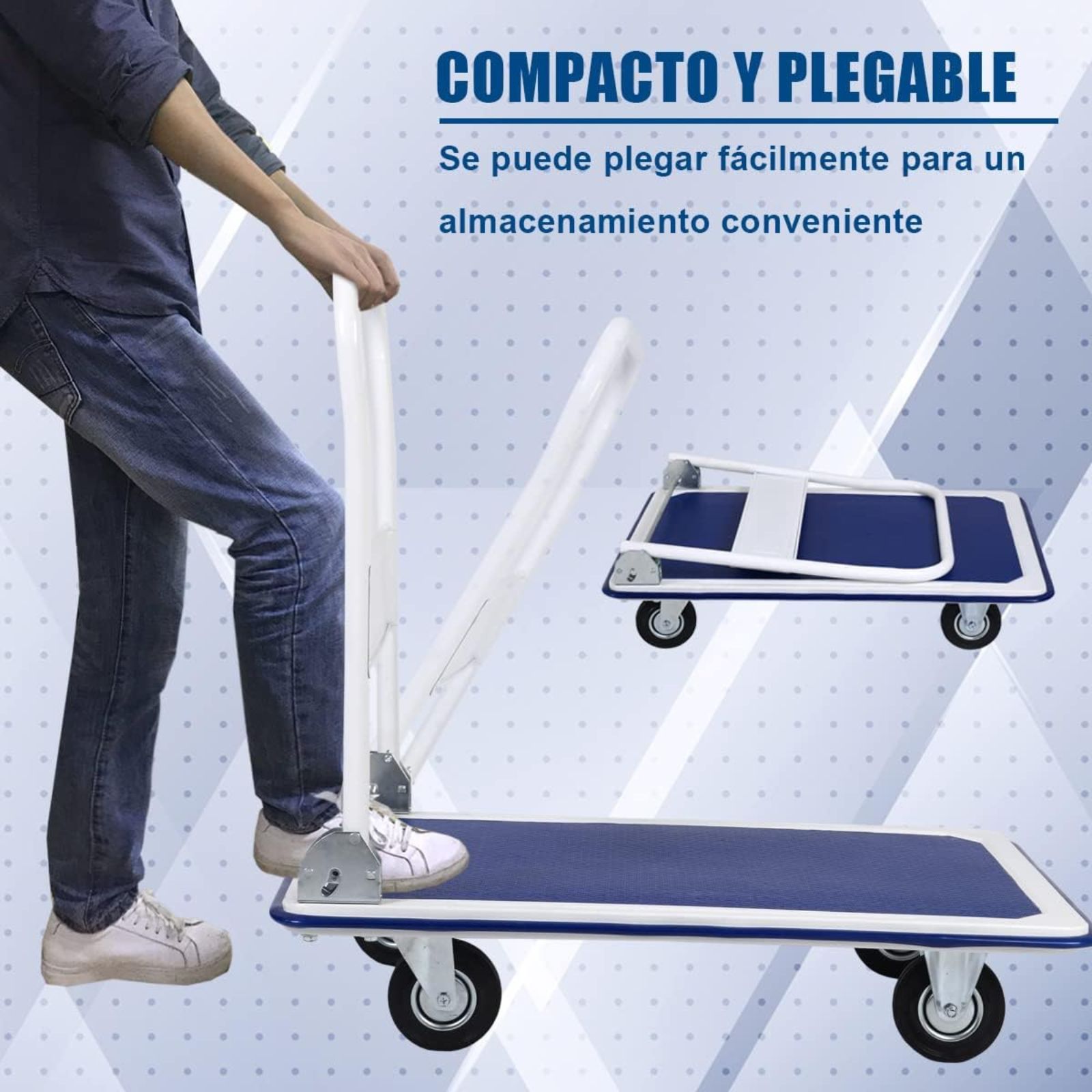 Carrinho Plataforma Dobrável DASCK – 150 kg – Aço Reforçado – Compacto e Robusto – Azul/Branco - 7