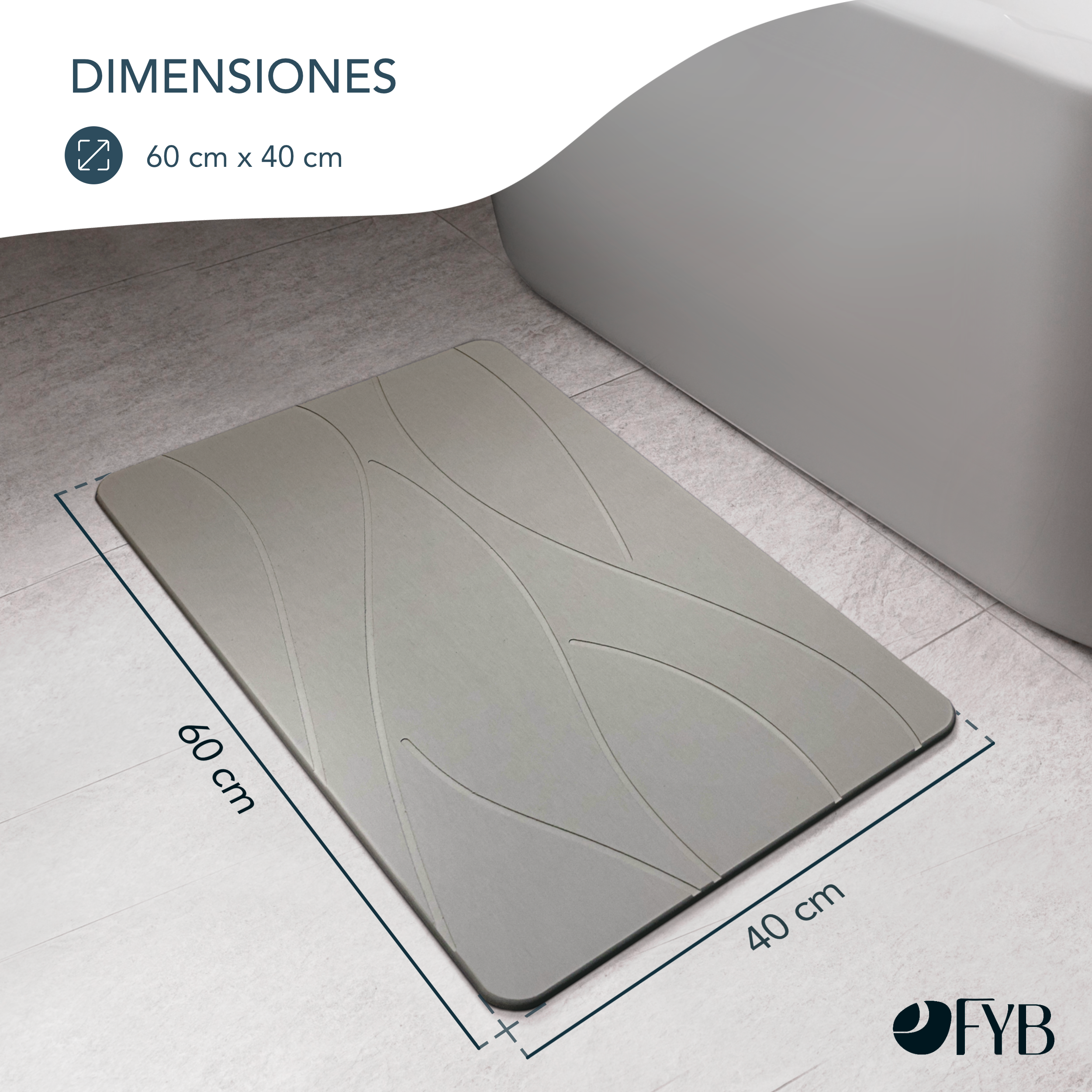 Alfombrilla de Diatomita para Baño Gris 60x40 – Secado Rápido, Antideslizante y Antibacteriana – Piedra Diatomita - 3