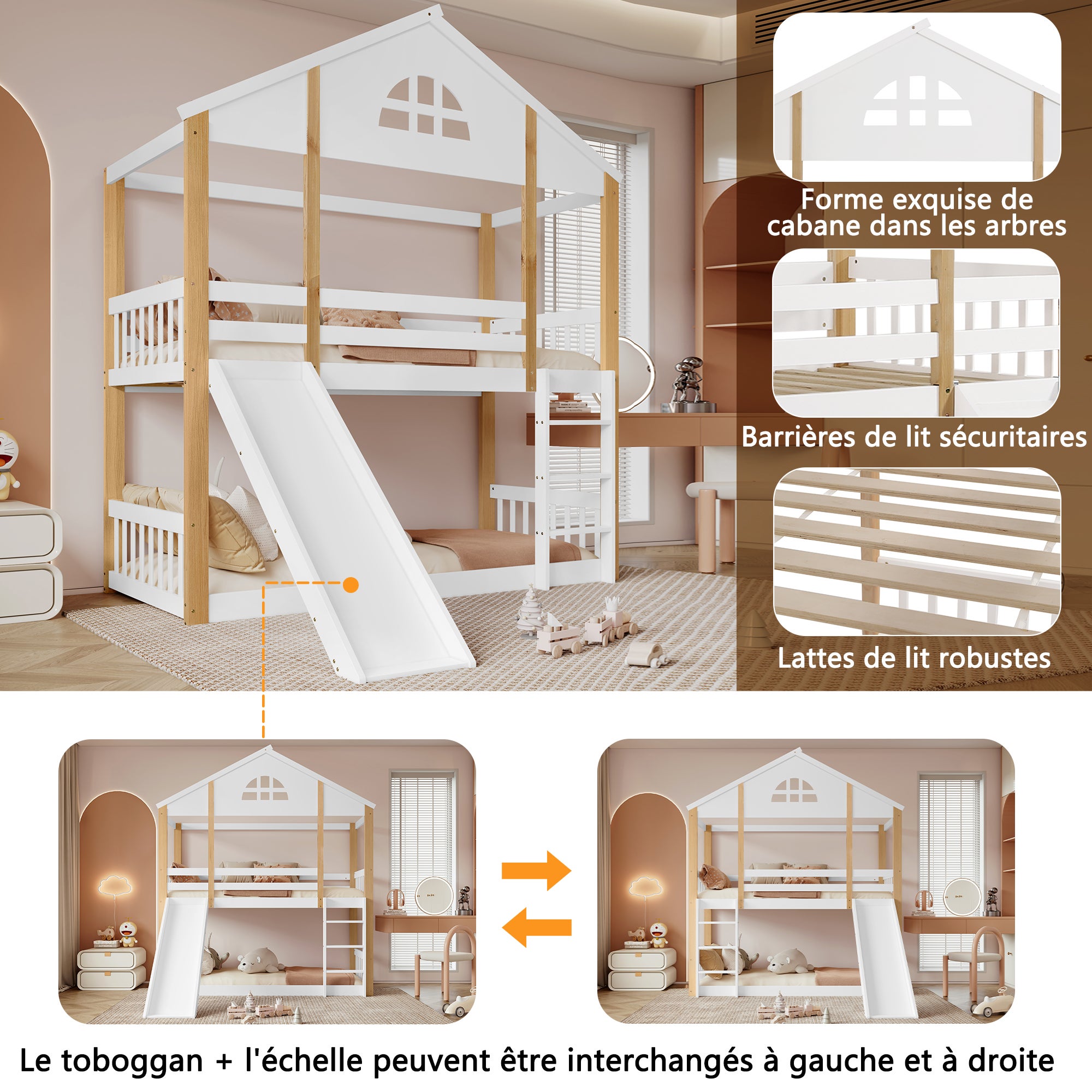 Lit superposé 90 x 200 cm pour enfant, lit mezzanine cabane en bois avec fenêtres et glissière d'angle, toboggan et clôtures (sans matelas) - 2
