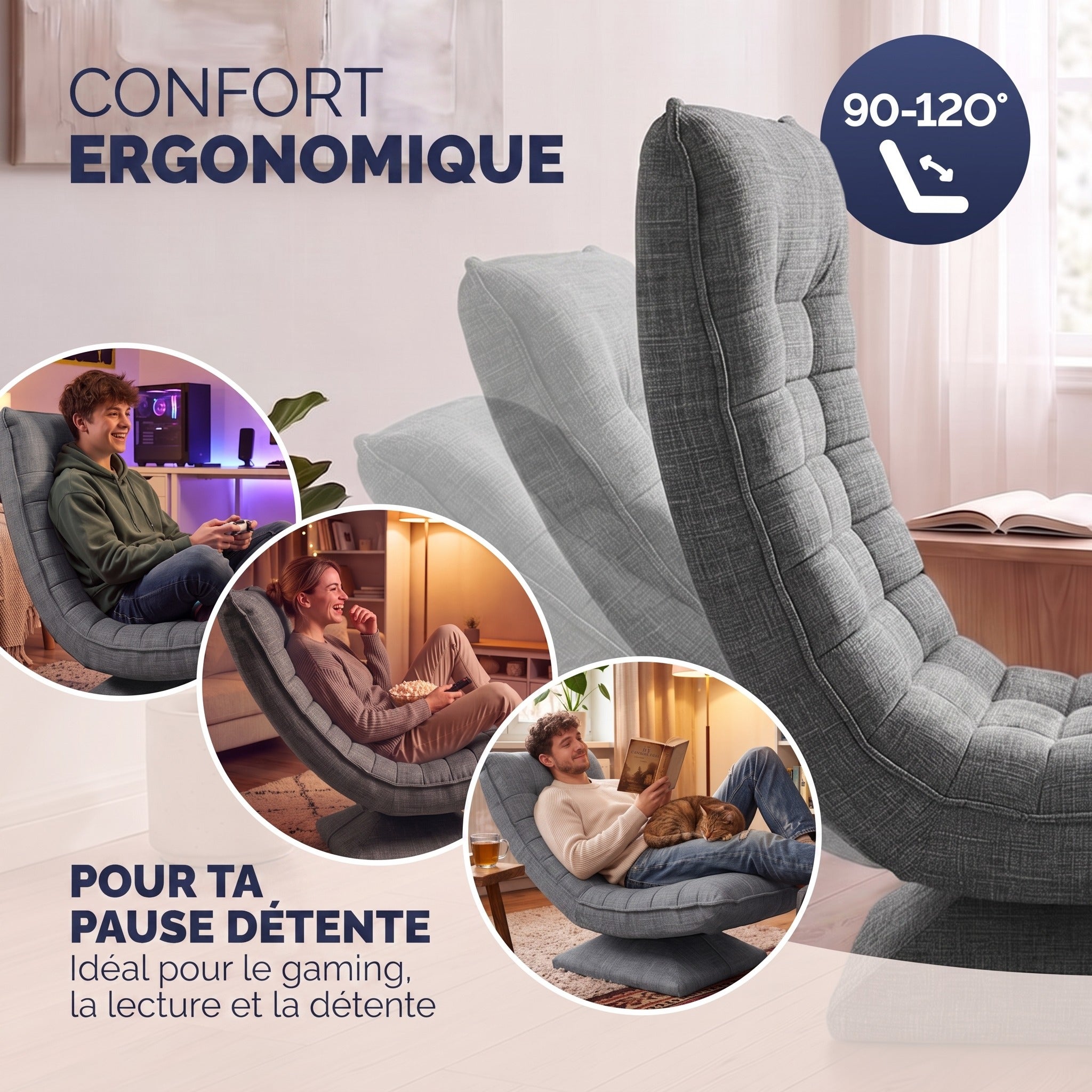 CASARIA Fauteuil tout confort pivotant 360 degrés gris - 7