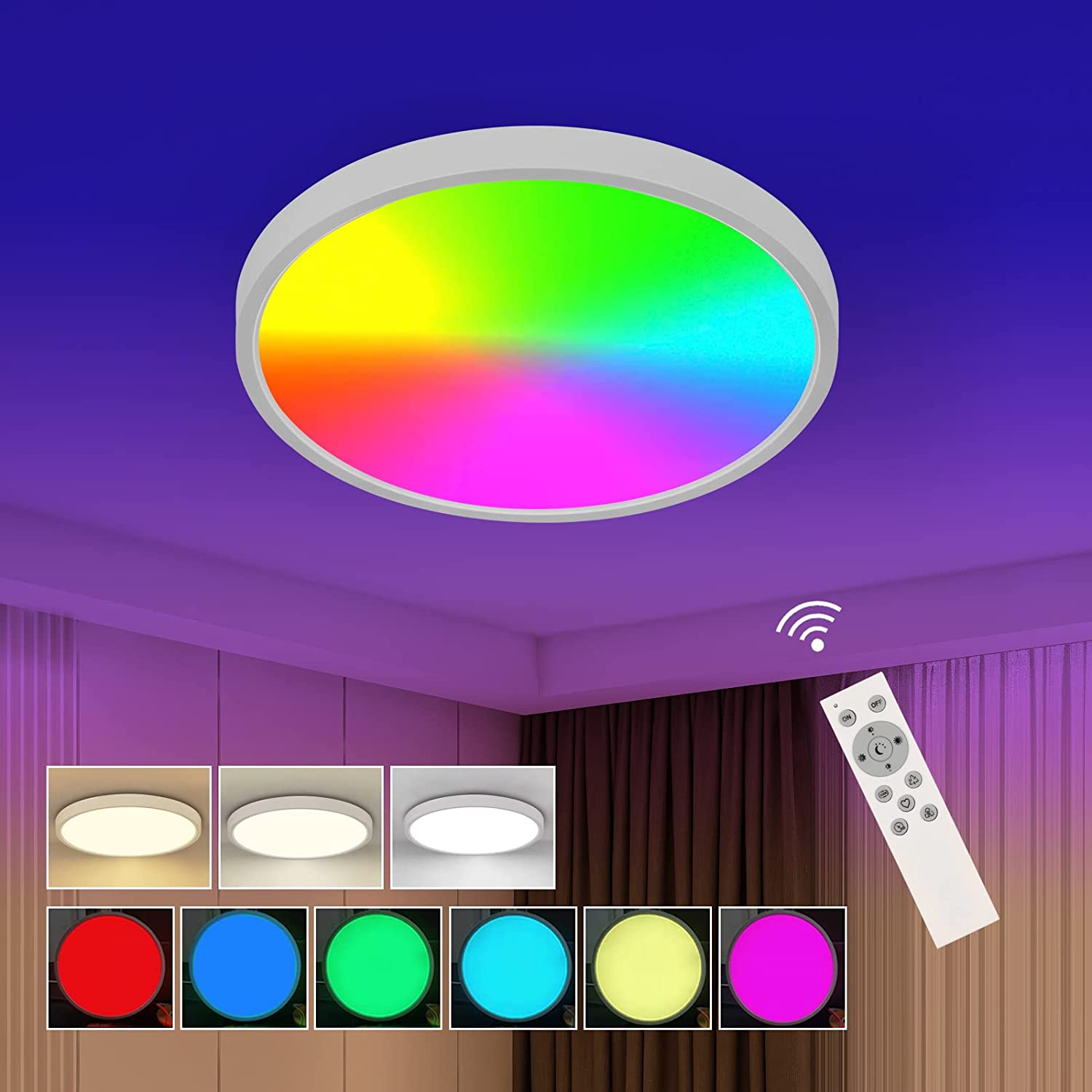 Plafonnier LED Rond 29 Cm - RGB + Blanc, Télécommande, Dimmable, 1850 Lm, Noir, Neuf