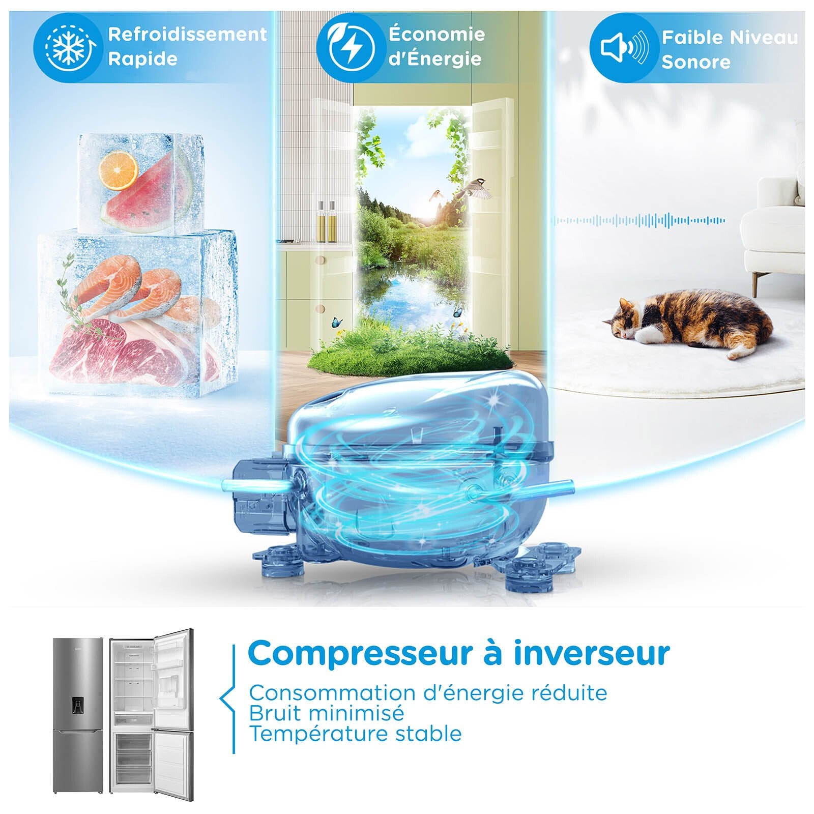 Réfrigérateur Combiné Congélateur Bas COMFEE - 308L - Classe D - Total No Frost (Sans givre)- L 63 cm x H 188 cm - Inox - 5