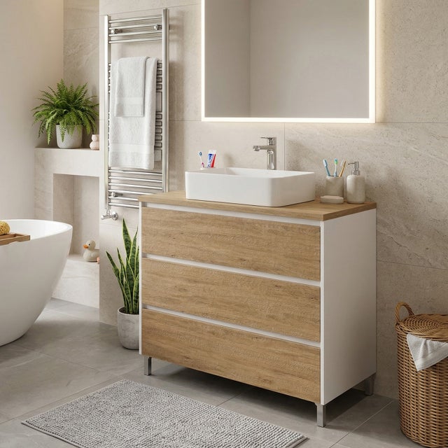 Meuble vasque à poser L.100cm sur pied Blanc laqué 3 tiroirs Chêne naturel LISBONA - sans colonne