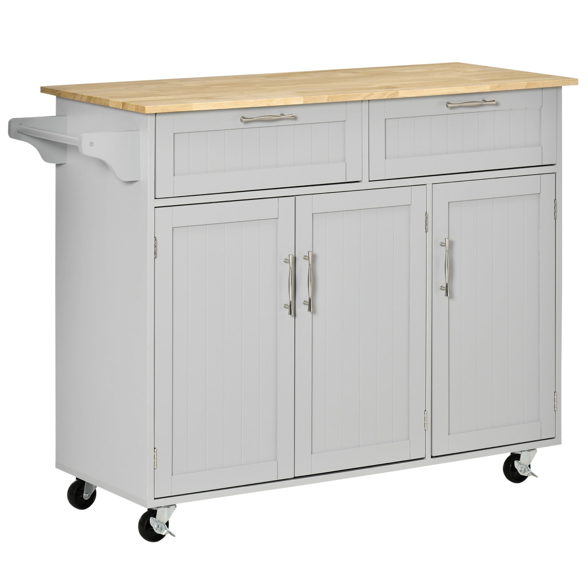Carro de isla de cocina， carrito de cocina con ruedas, isla de cocina con 2 cajones y barra para colgar ropa para comedor, 121x46x91 cm, gris.