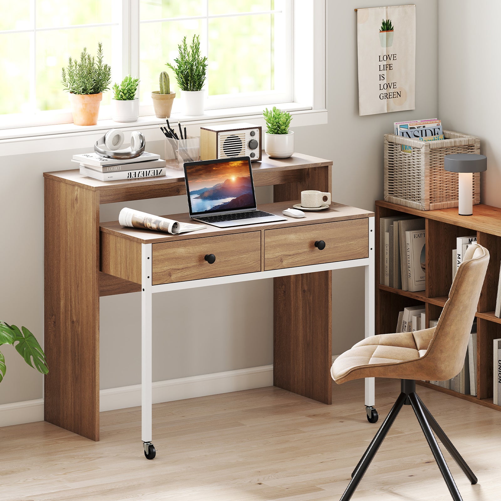Bureau Extensible Mobile, Table d'Ordinateur Gain de Place avec Tiroirs, Bureau Console en Bois Compacte avec Roulettes pour Salon, Chambre, Naturel - 2