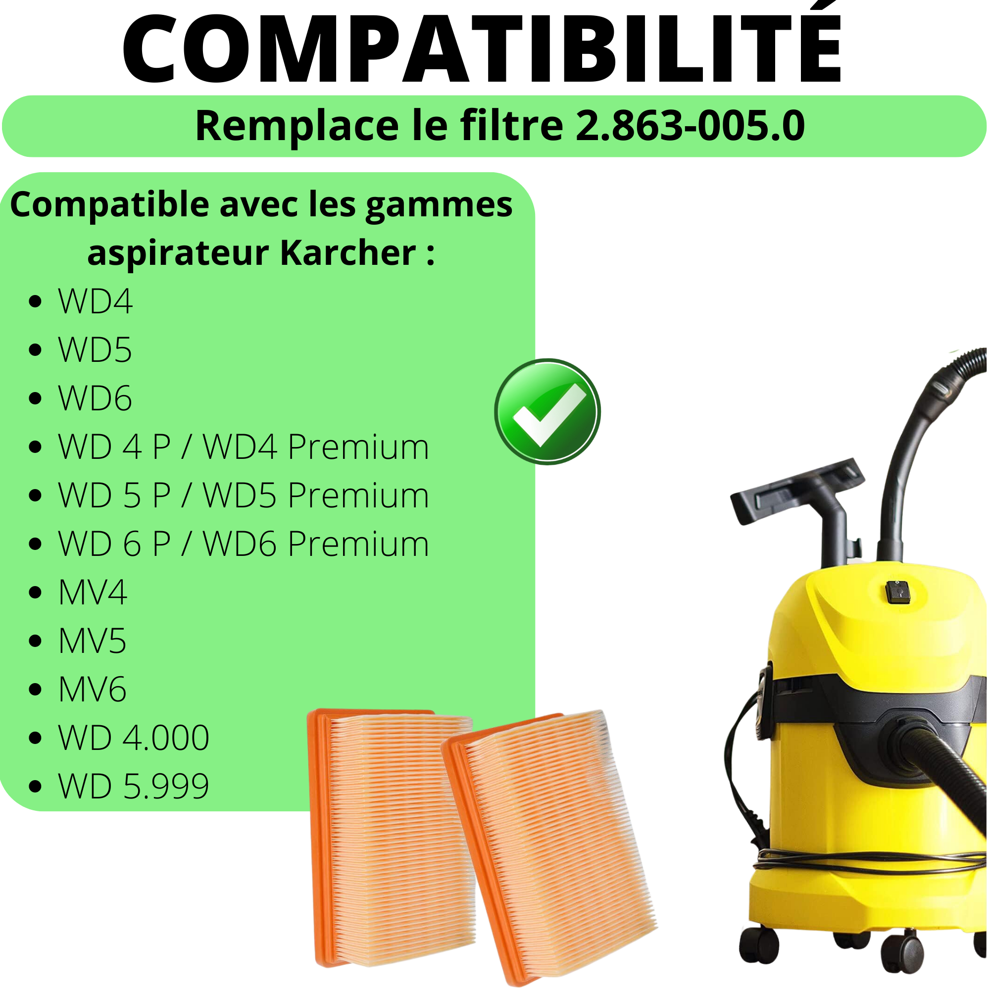 Lot 2 Filtres pour Karcher WD4 WD5 WD6 MV4 MV5 MV6 Filtres poussière remplacement 2.863-005.0 - 2