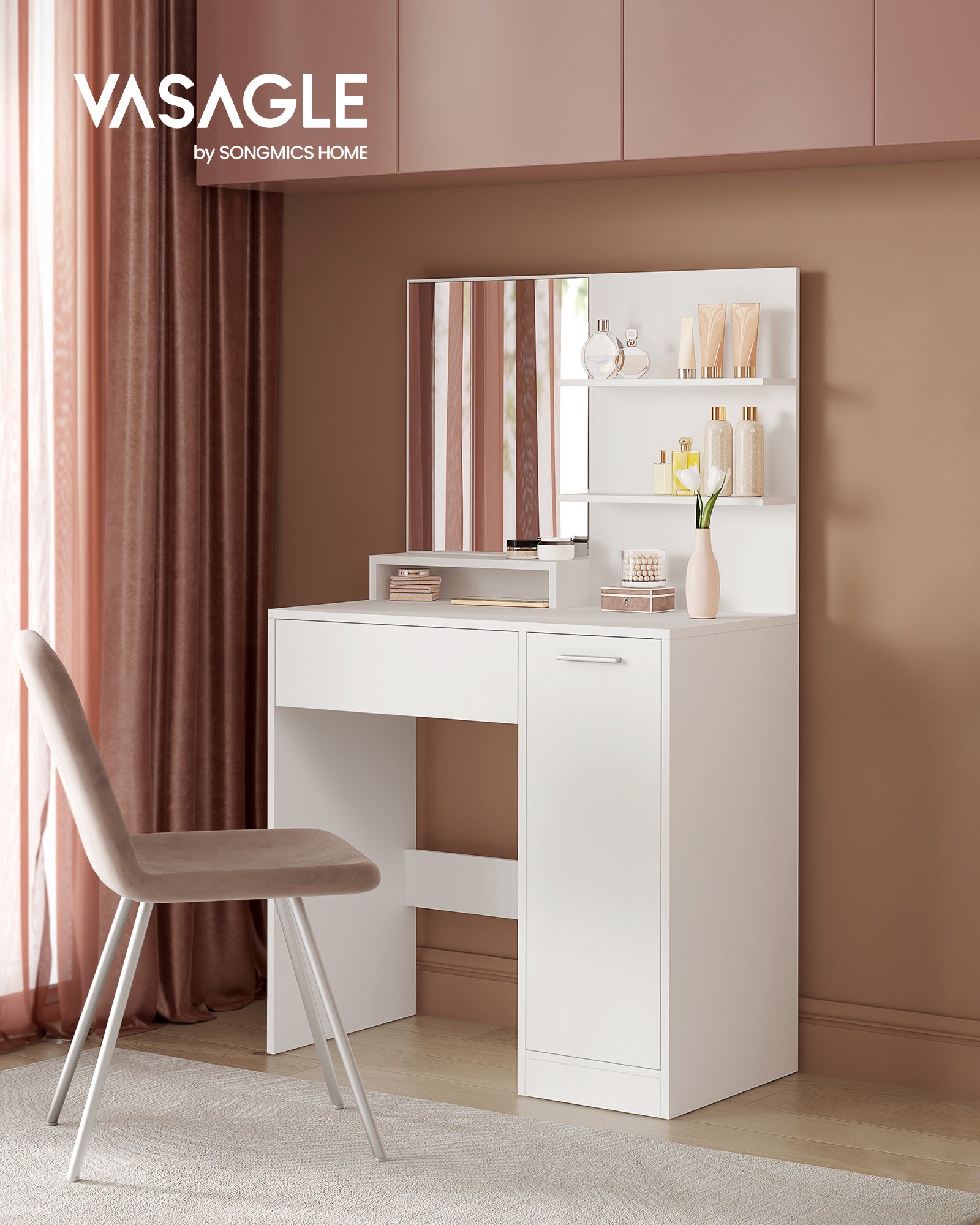 Coiffeuse, Avec Miroir Avec Étagères, 1 Tiroir, 1 porte avec 2 Étagères, blanc, 80 x 40 x 132 cm, Sans tabouret - 6
