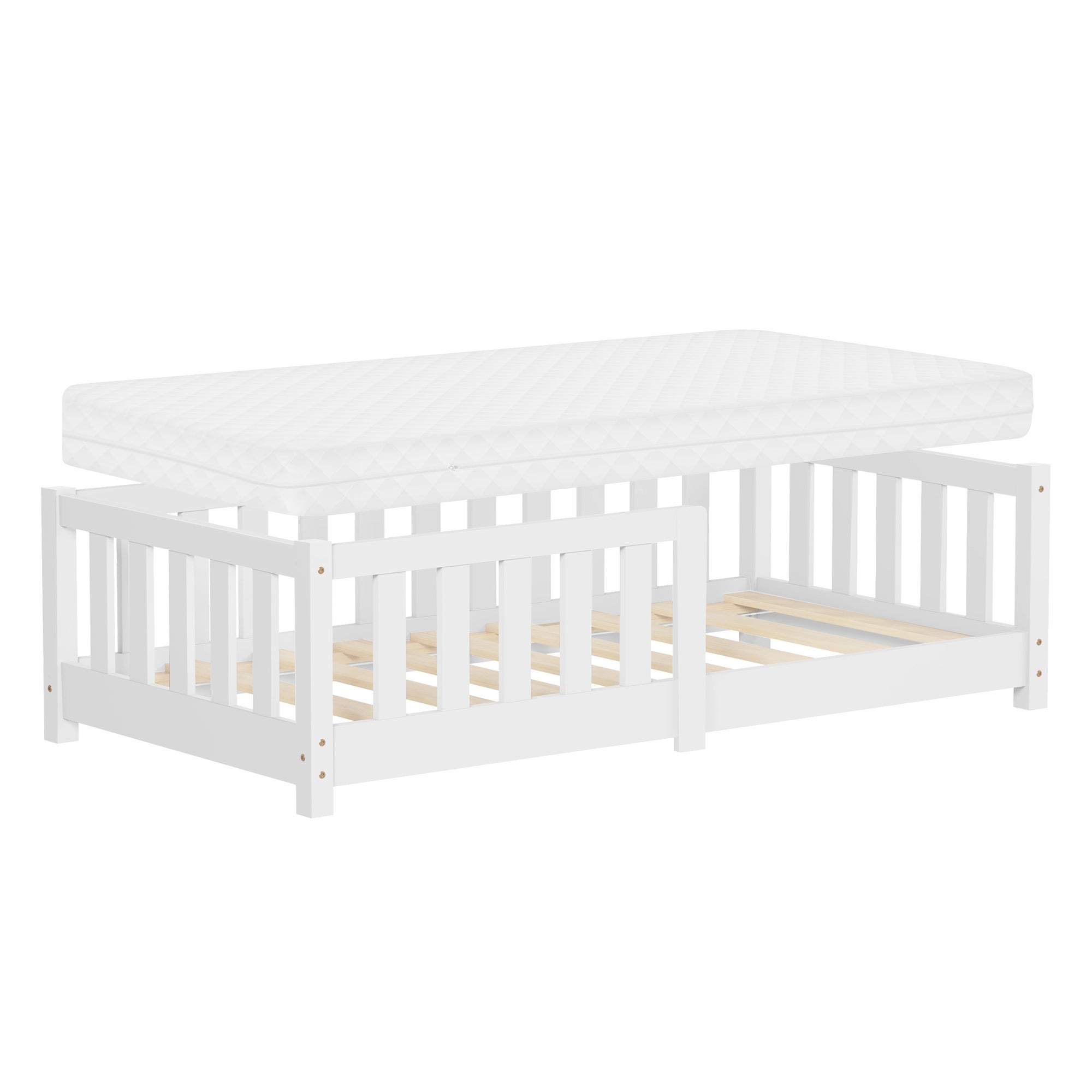 ML-Design łóżko dziecięce montessori 70x140 cm biały podlogowe z materacem solidnym stelazem i zabezpieczeniem lite drewno sosnowe